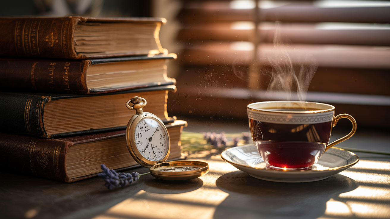 A vintage pocket watch rests beside a steaming cup of tea and a stack of