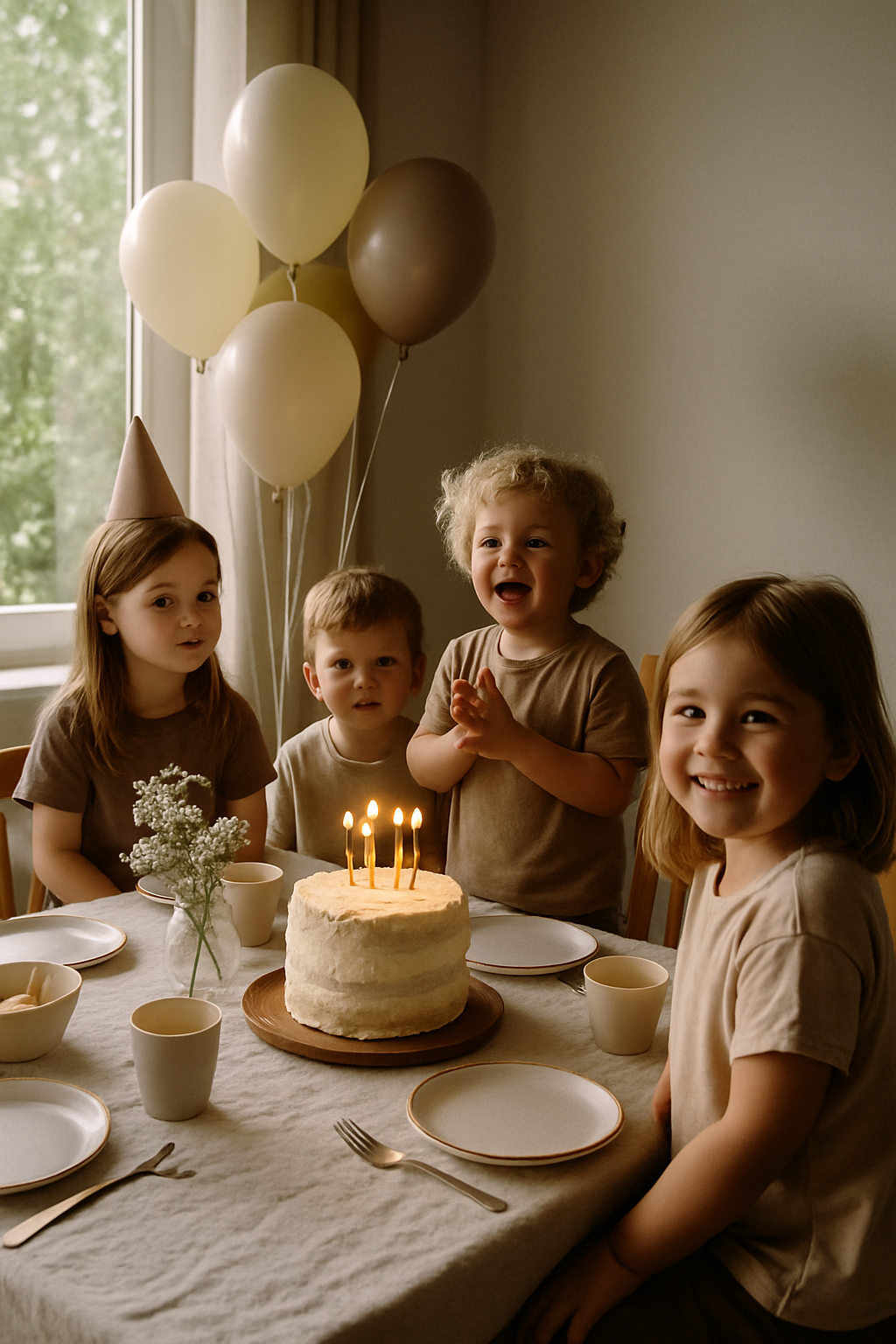 A group of children joyfully celebrating a birthday with a cake adorned with candles