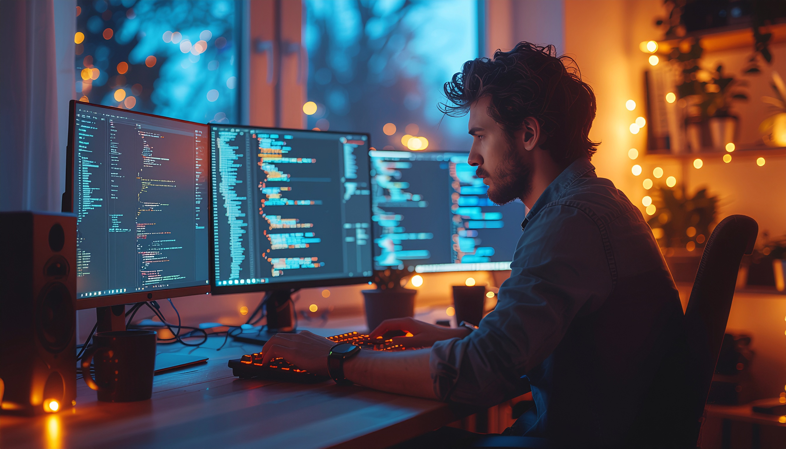 Homem concentrado digita em teclado retroiluminado, cercado por múltiplos monitores exibindo linhas de código. Ambiente iluminado por luzes suaves, criando uma atmosfera acolhedora e moderna. O foco está no perfil do programador, com detalhes nítidos e composição bem equilibrada, destacando o contraste entre as luzes azuladas dos monitores e o brilho alaranjado do ambiente.