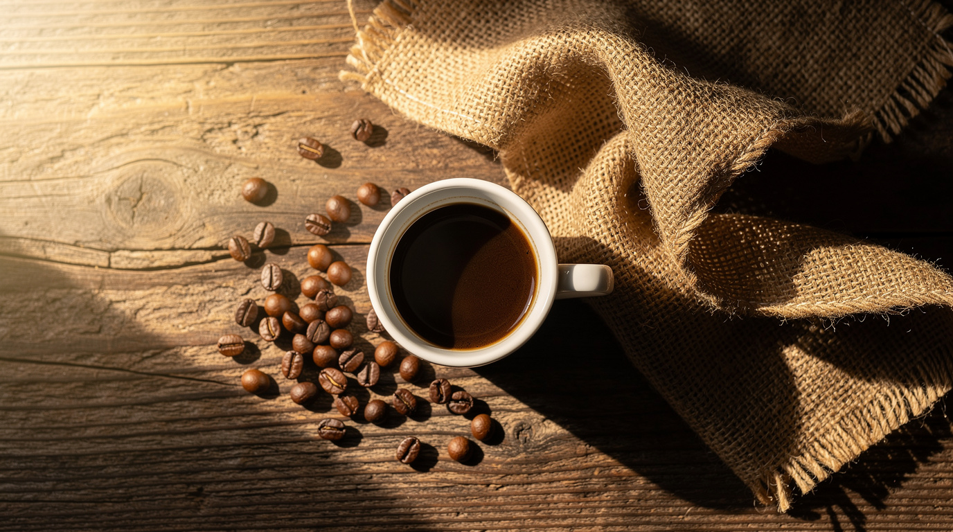 A steaming cup of coffee rests on a rustic wooden table