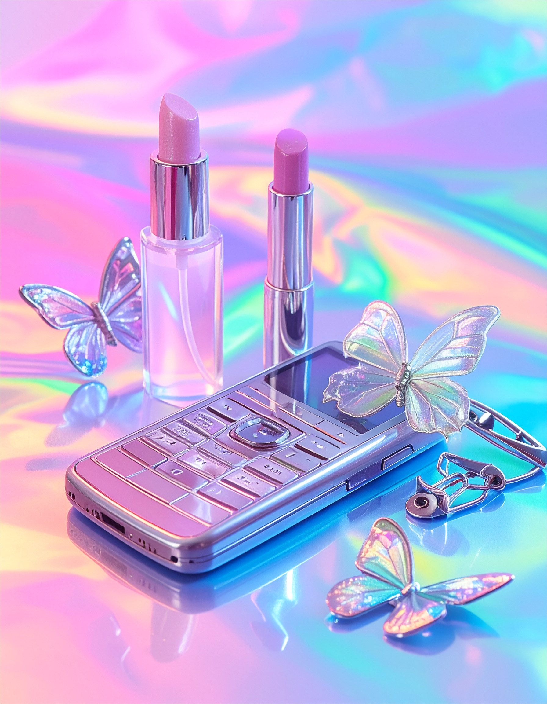 A vintage flip phone alongside two lipsticks sits on a holographic surface