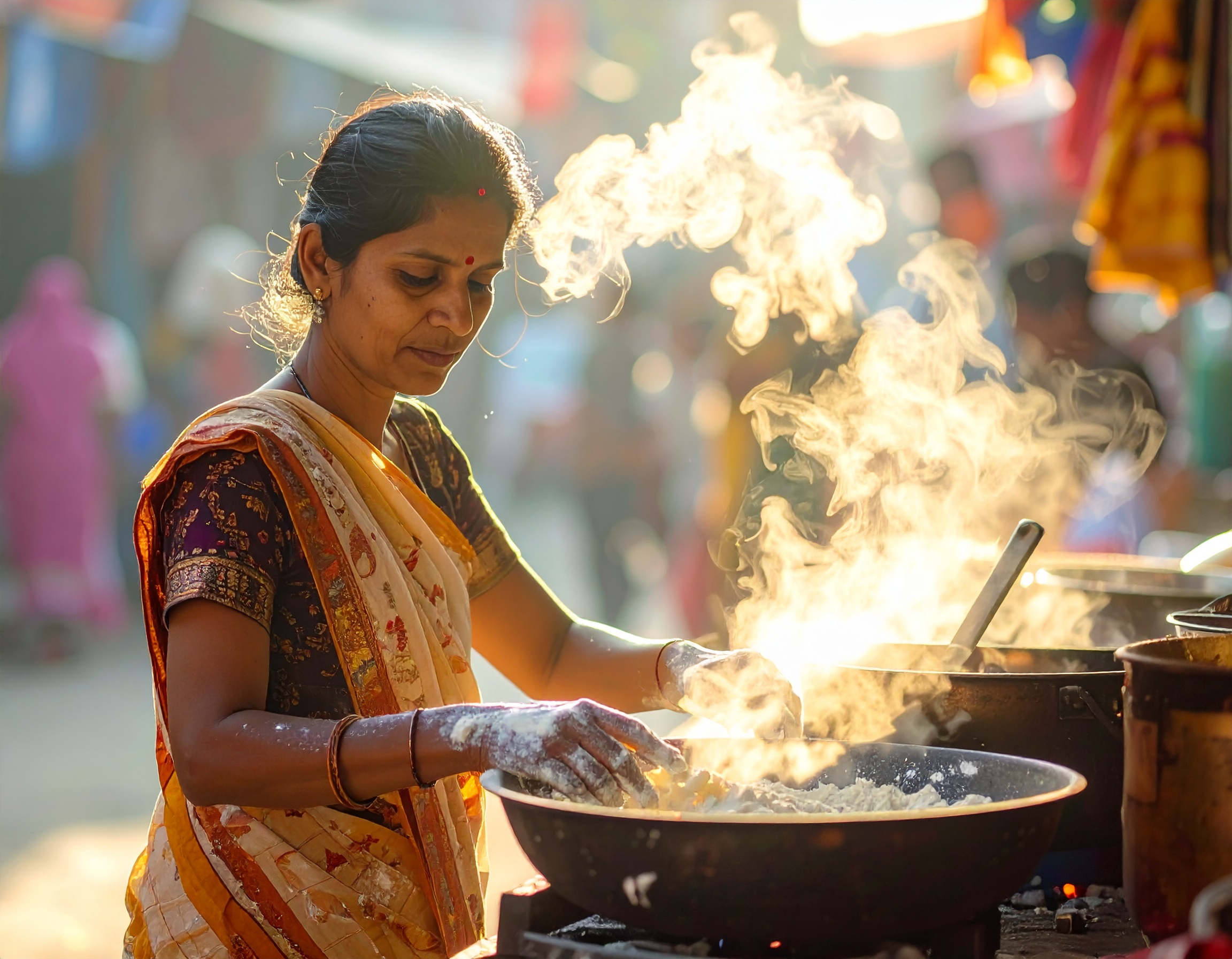 A woman in traditional attire cooks street food in a lively outdoor market setting