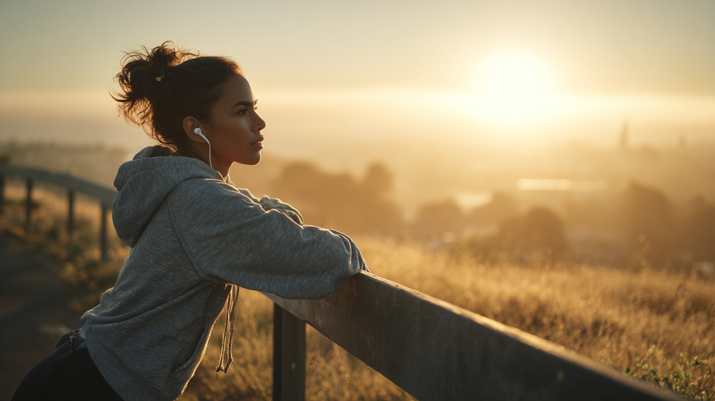 Uma jovem contemplando o nascer do sol, usando fones de ouvido, enquanto apoia-se em uma cerca de madeira em um campo ensolarado. A cena captura a tranquilidade da manhã e a beleza da natureza.