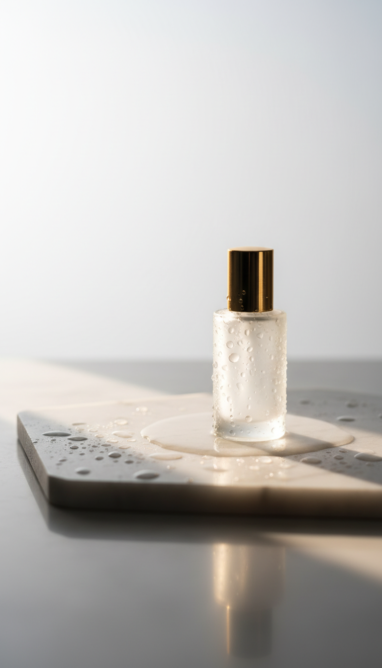 A sleek perfume bottle with a golden cap sits elegantly on a white marble surface