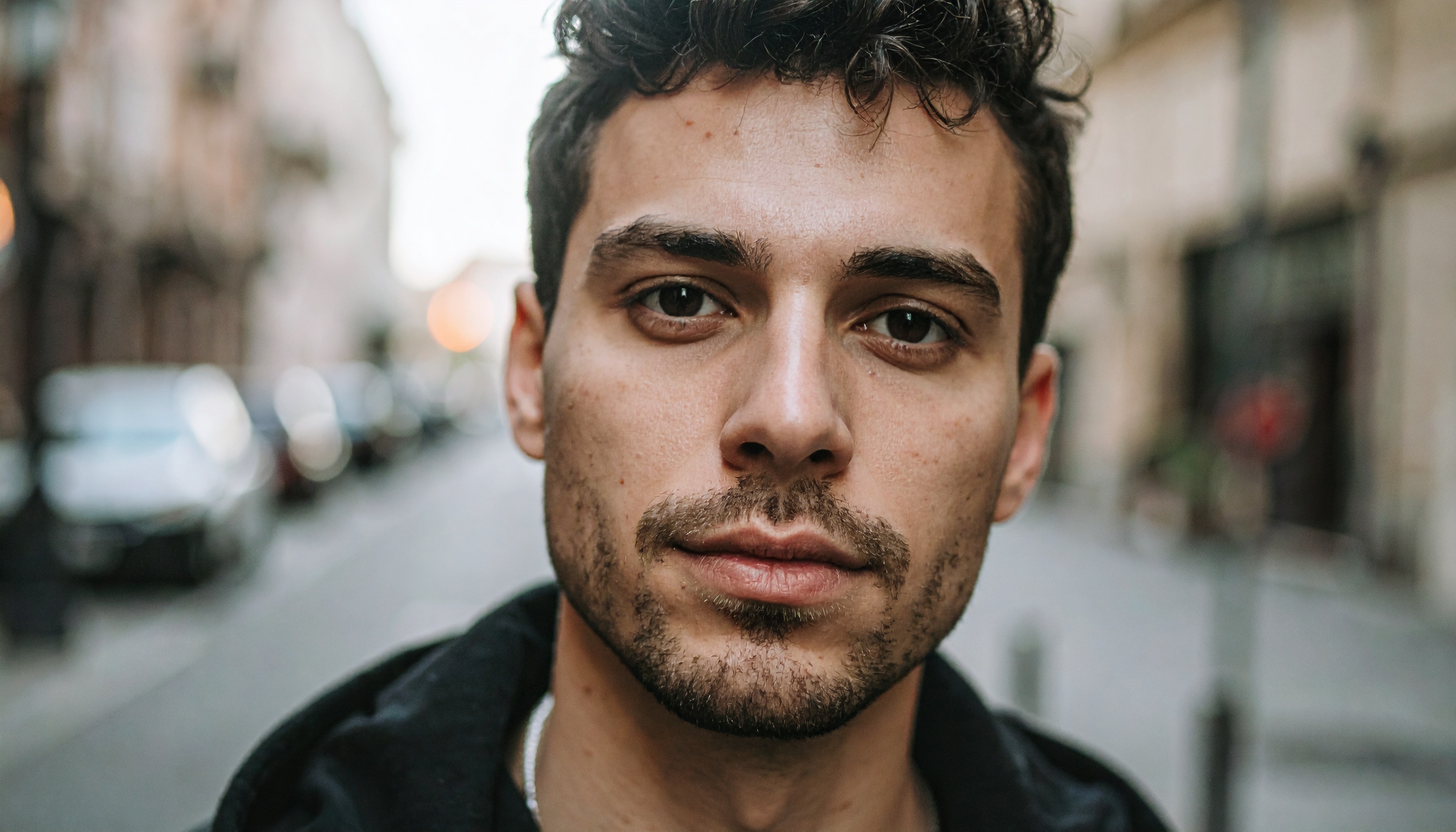 A young man with expressive eyes stands on a city street