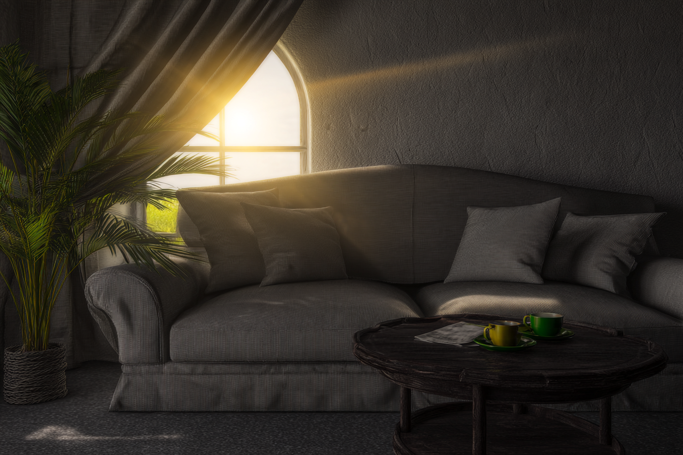 Sala de estar aconchegante com sofá cinza e almofadas, iluminada por luz suave de janela arqueada. Mesa de centro rústica exibe xícaras coloridas e jornal. Planta verde adiciona frescor. Composição harmoniosa e atmosfera tranquila.