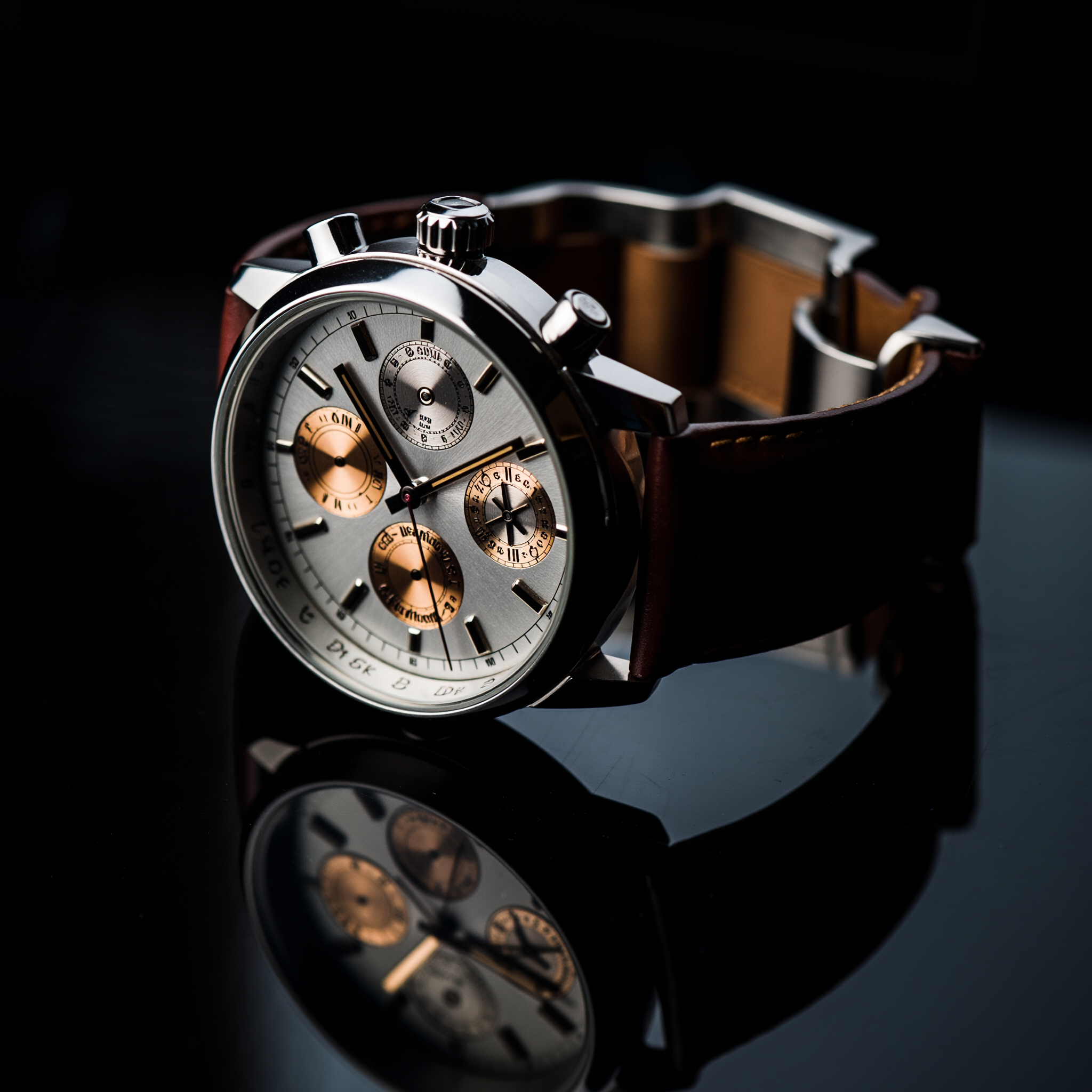 Relógio de luxo com mostrador metálico e detalhes em bronze repousa sobre superfície reflexiva, em um estilo elegante e sofisticado, transmitindo precisão e exclusividade.