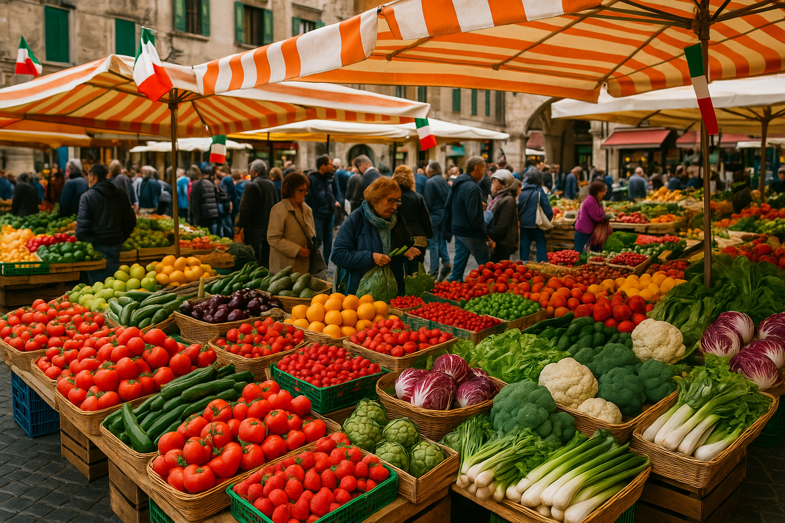 Vibrant Italian Open-Air Market with Fresh Fruits and Vegetables