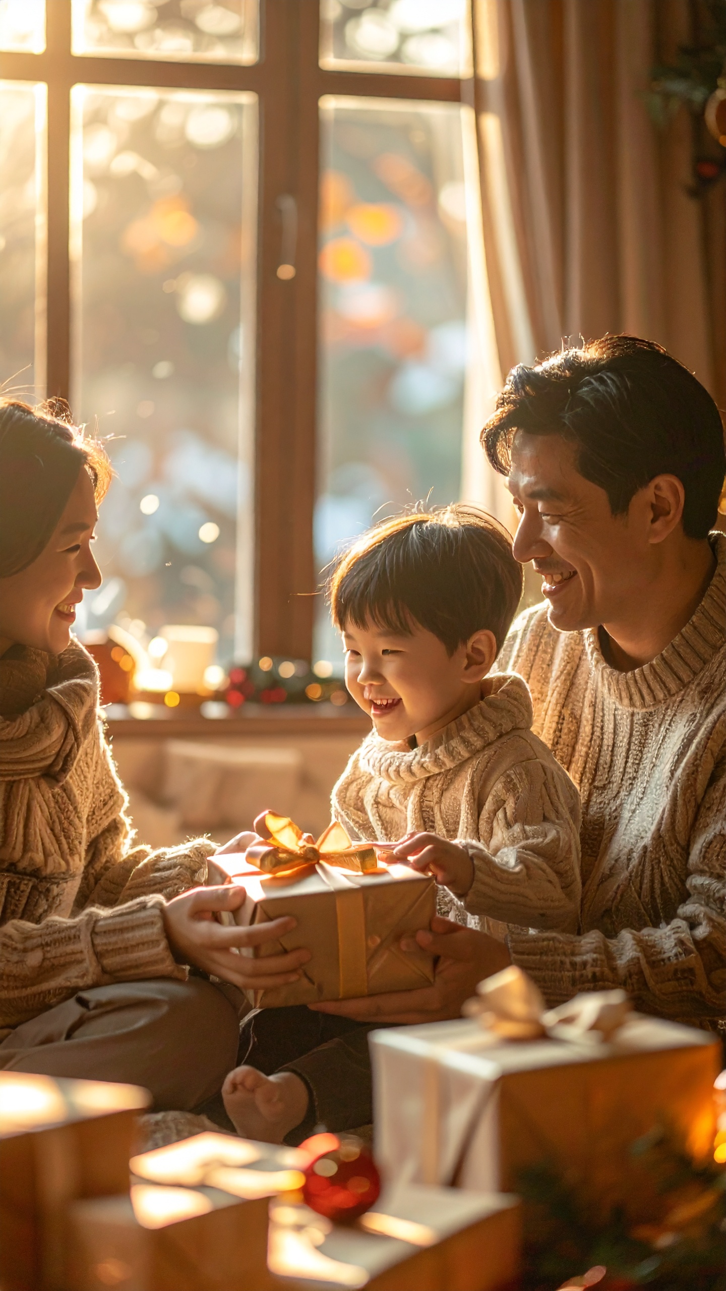 A family in cozy sweaters exchanges gifts by a sunlit window