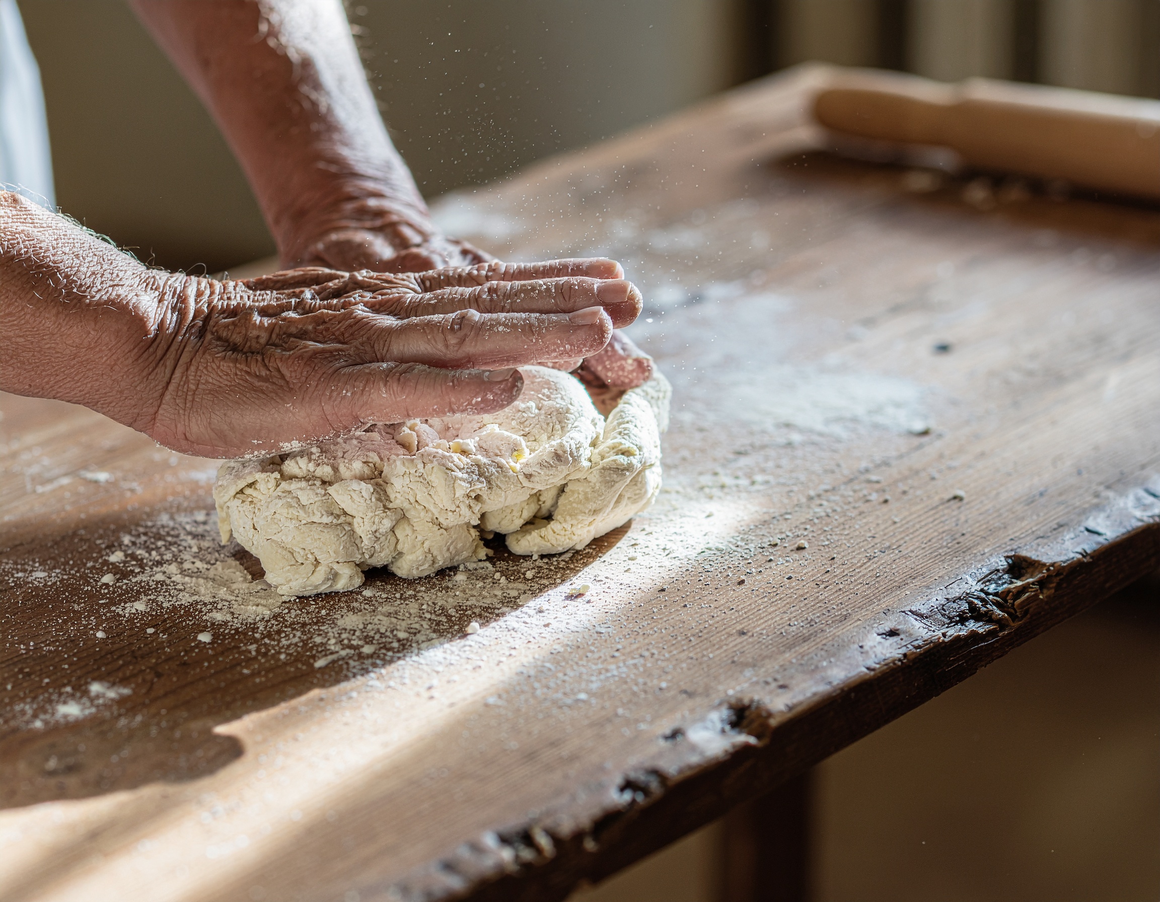 Mãos experientes amassam massa de pão em uma mesa de madeira rústica, com farinha espalhada, iluminadas por luz suave, transmitindo calma e tradição artesanal.