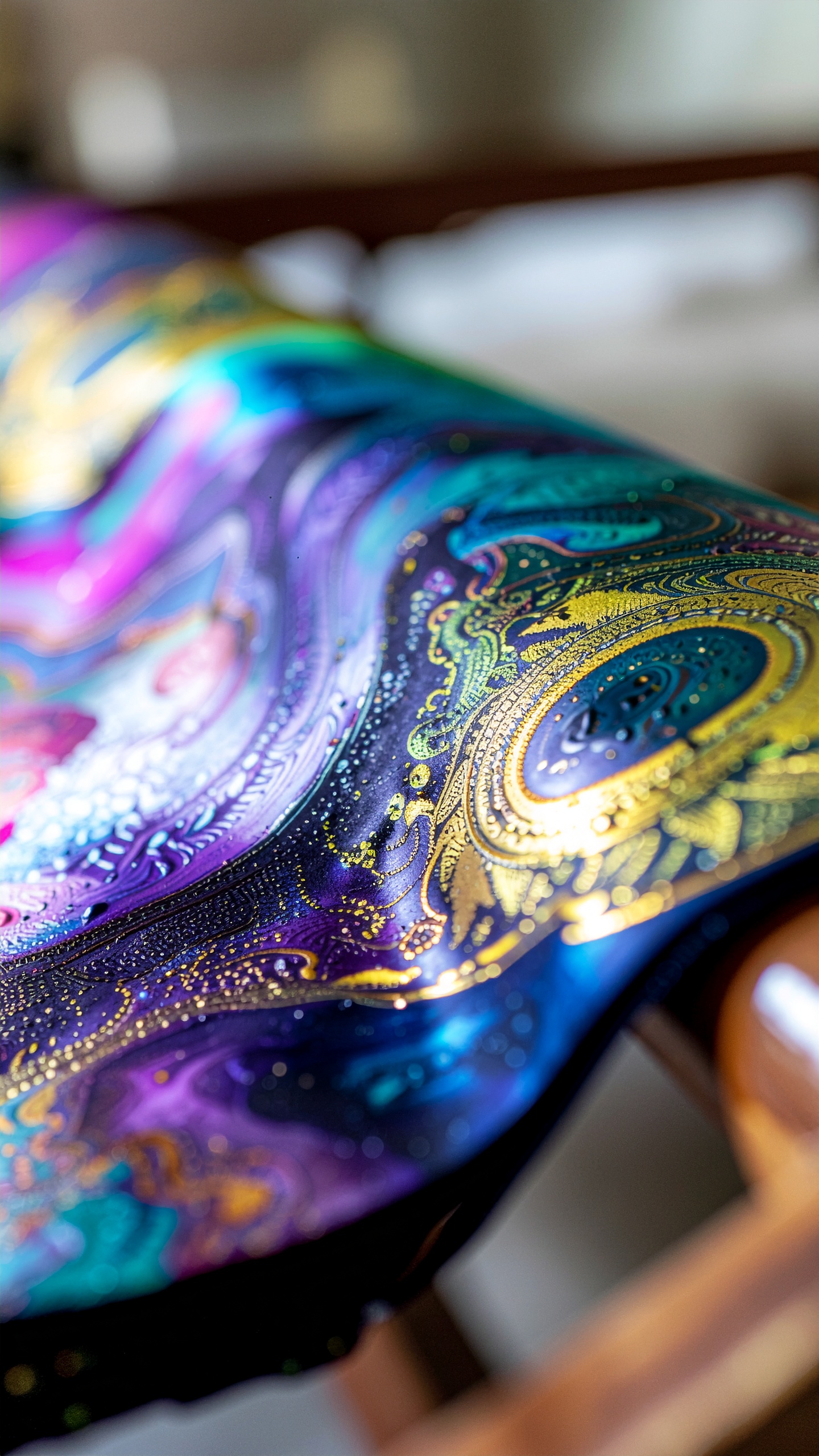 Tecido com padrões psicodélicos em cores vibrantes e detalhes dourados. Ideal para uso em moda ou decoração, trazendo um toque de exclusividade e personalidade. As cores intensas e o design intricado destacam-se, criando um visual impactante e único. Excelente para eventos especiais, festas ou ambientes que buscam uma estética ousada. Sua versatilidade permite usos variados, desde roupas até peças de decoração.