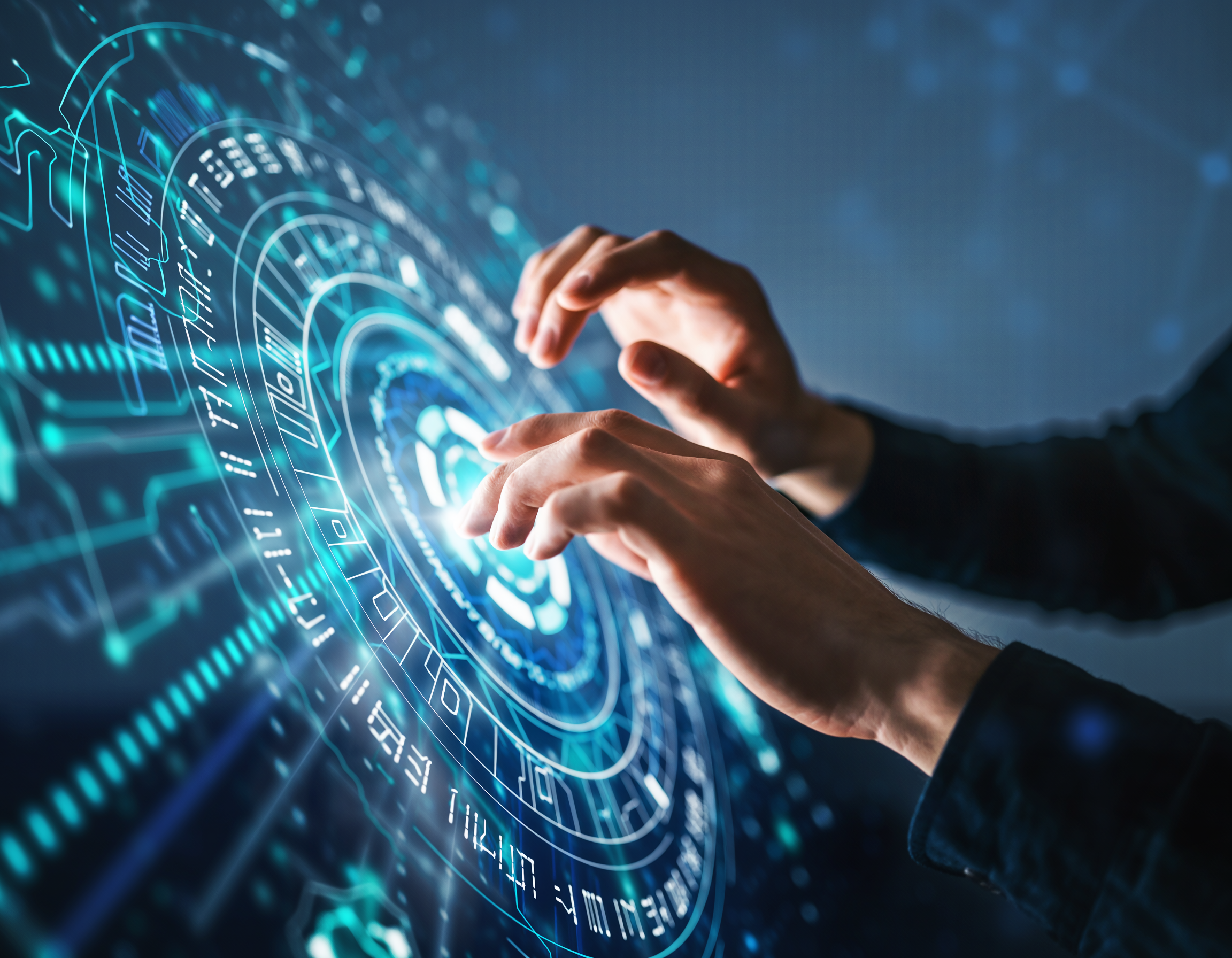 Hands Interacting with Futuristic Holographic Interface