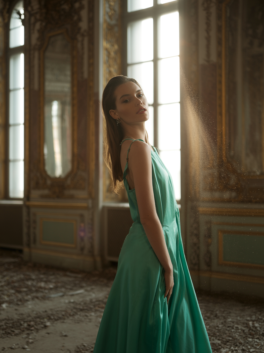 A model in an elegant turquoise dress stands in a grandiose room with ornate decor