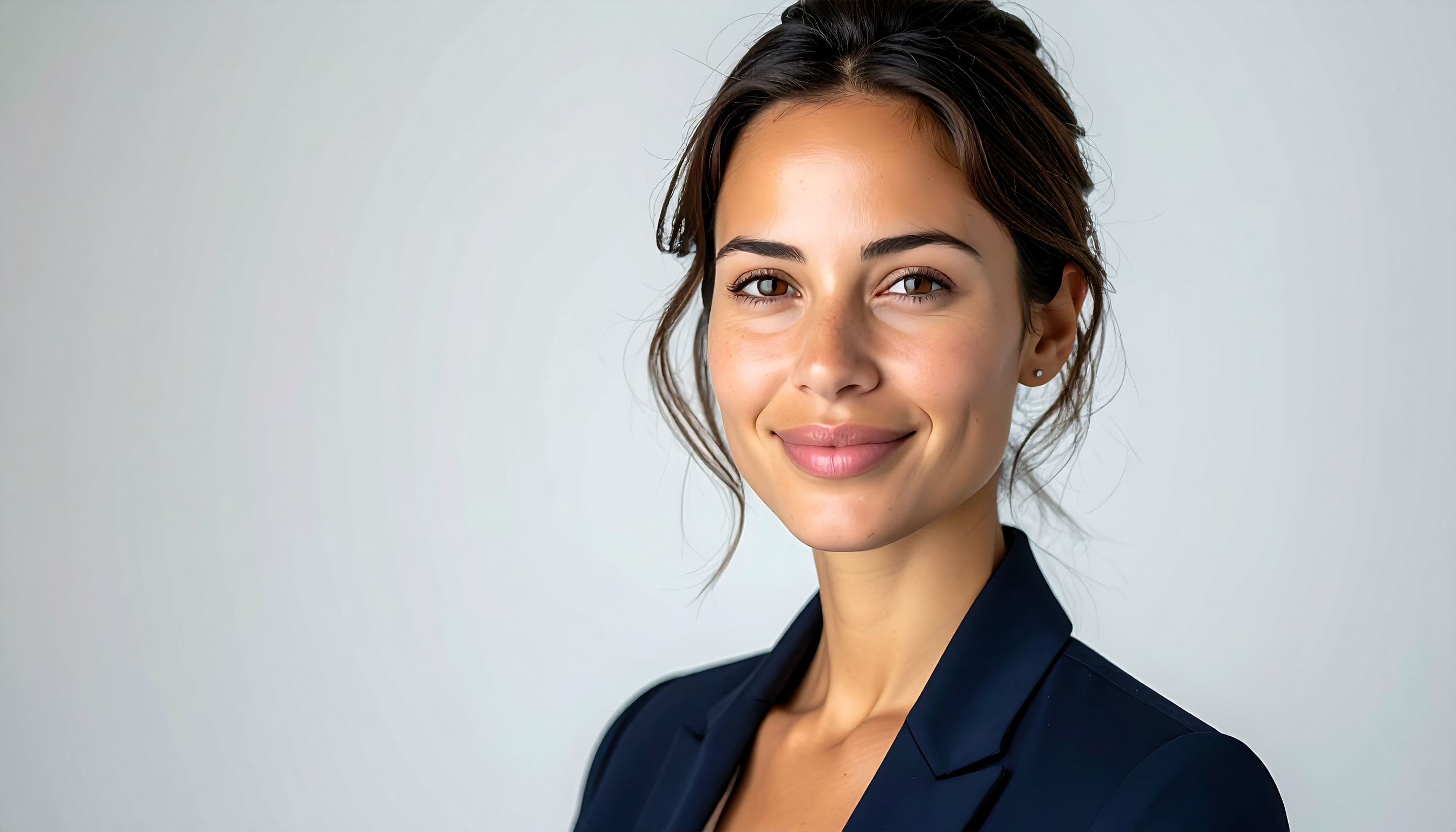 A confident woman smiles warmly in a professional setting