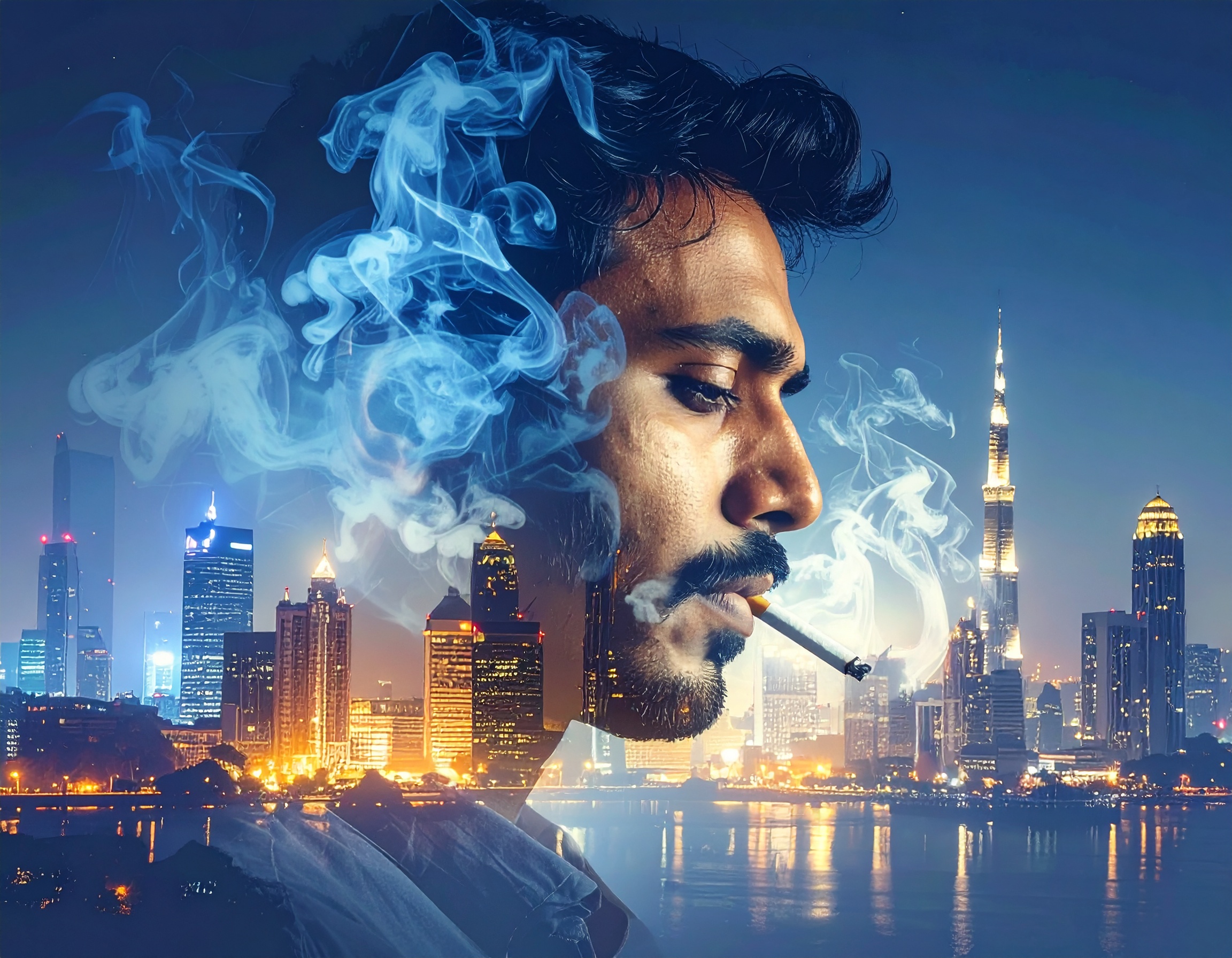 A striking double exposure of a man smoking overlays a city skyline at night