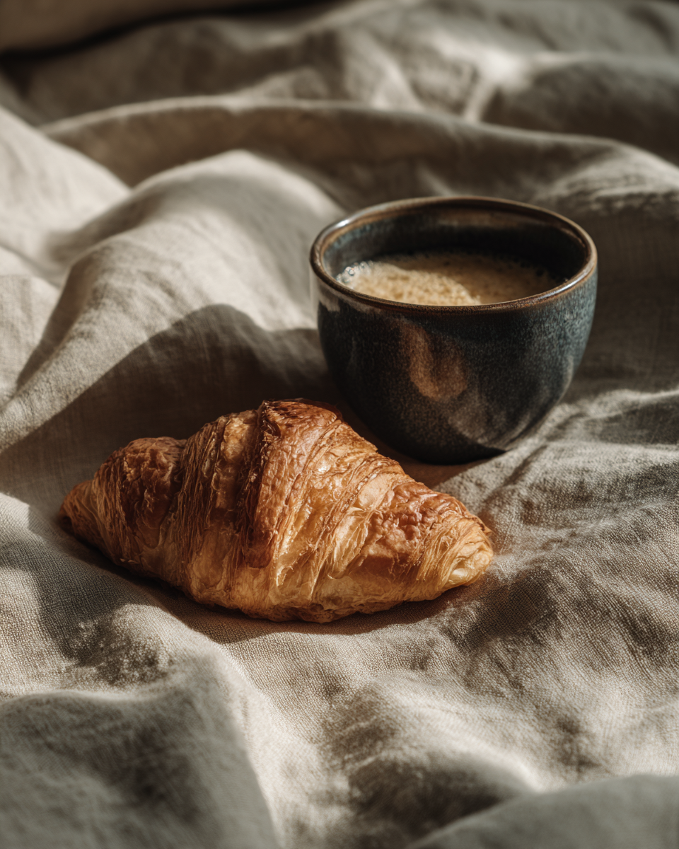 Um croissant fresco ao lado de uma xícara de café em uma cama com lençóis de linho, iluminado pela luz suave da manhã.