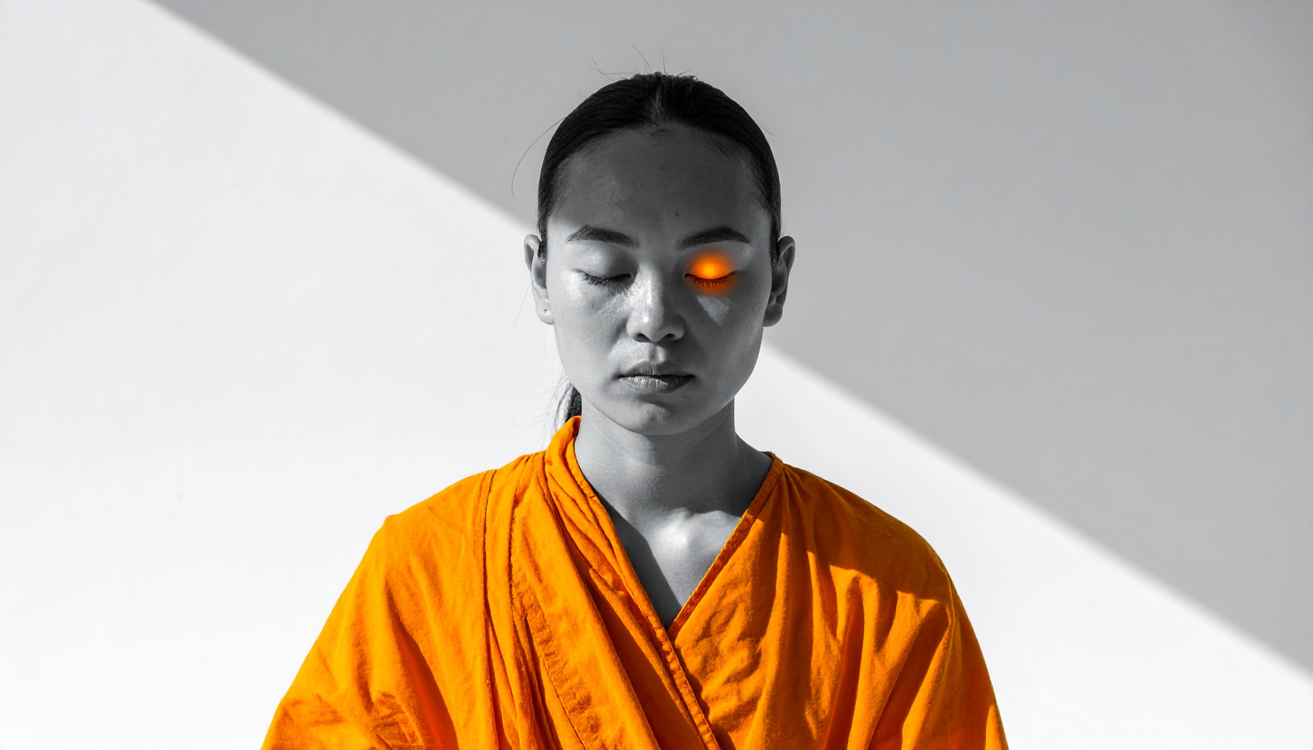 A serene individual in an orange robe meditates with closed eyes