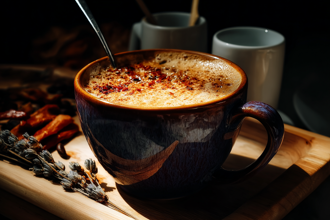 Xícara de café espumosa em tons quentes de marrom e azul, com textura cremosa e luz suave, sobre tábua de madeira decorada com ervas secas.