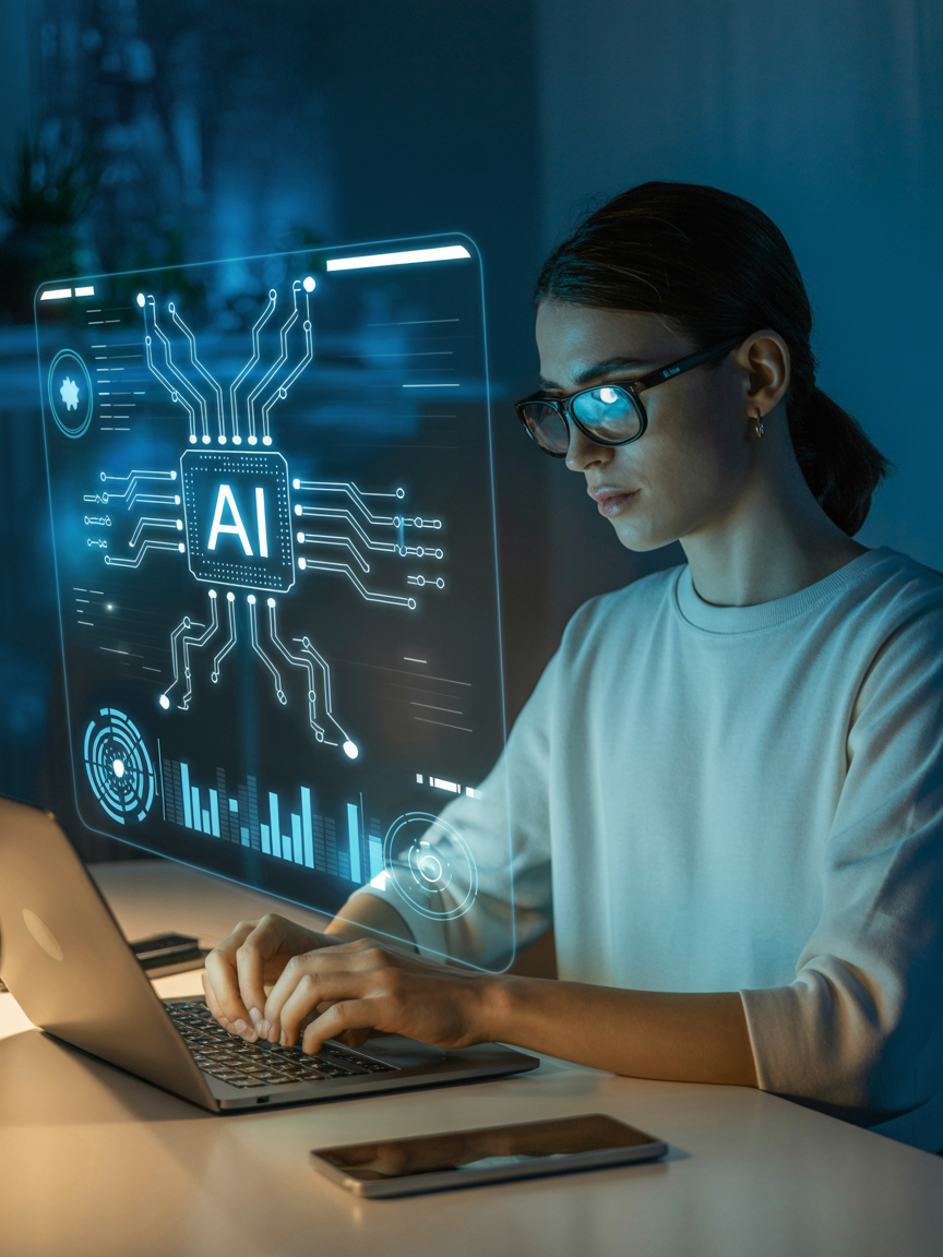 Mulher trabalhando em laptop com interface de inteligência artificial holográfica em ambiente moderno, transmitindo inovação e tecnologia de ponta em um escritório à noite.