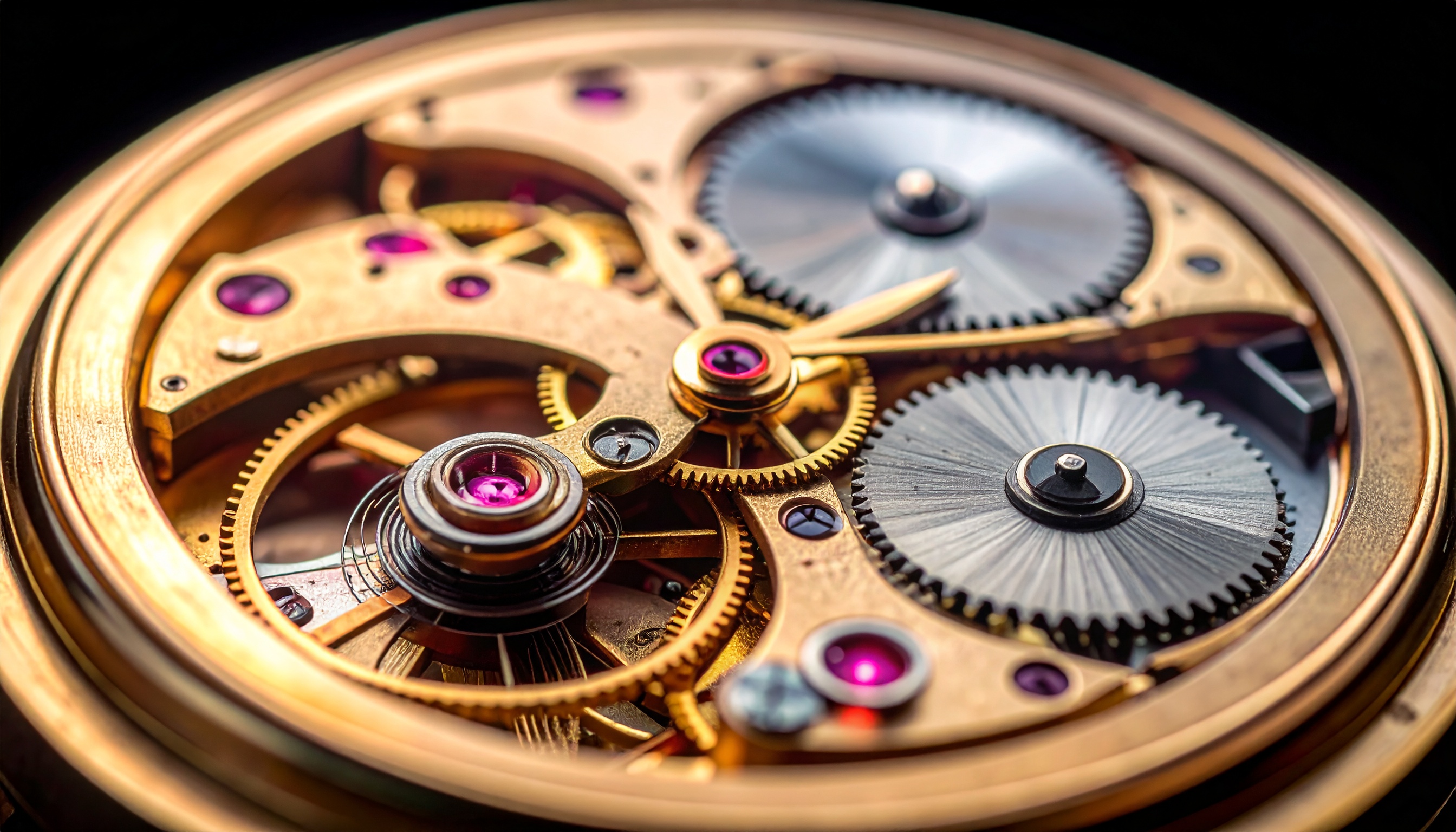 Intricado mecanismo de um relógio de luxo com engrenagens douradas e rubis brilhantes. Este tipo de design é essencial para entusiastas e colecionadores de relógios mecânicos. O destaque visual está nos detalhes minuciosos das engrenagens e nos rubis que adicionam um toque de excentricidade. Ideal para ambientes formais ou como peça de destaque em coleções. O mecanismo demonstra excelência artesanal e precisão técnica.