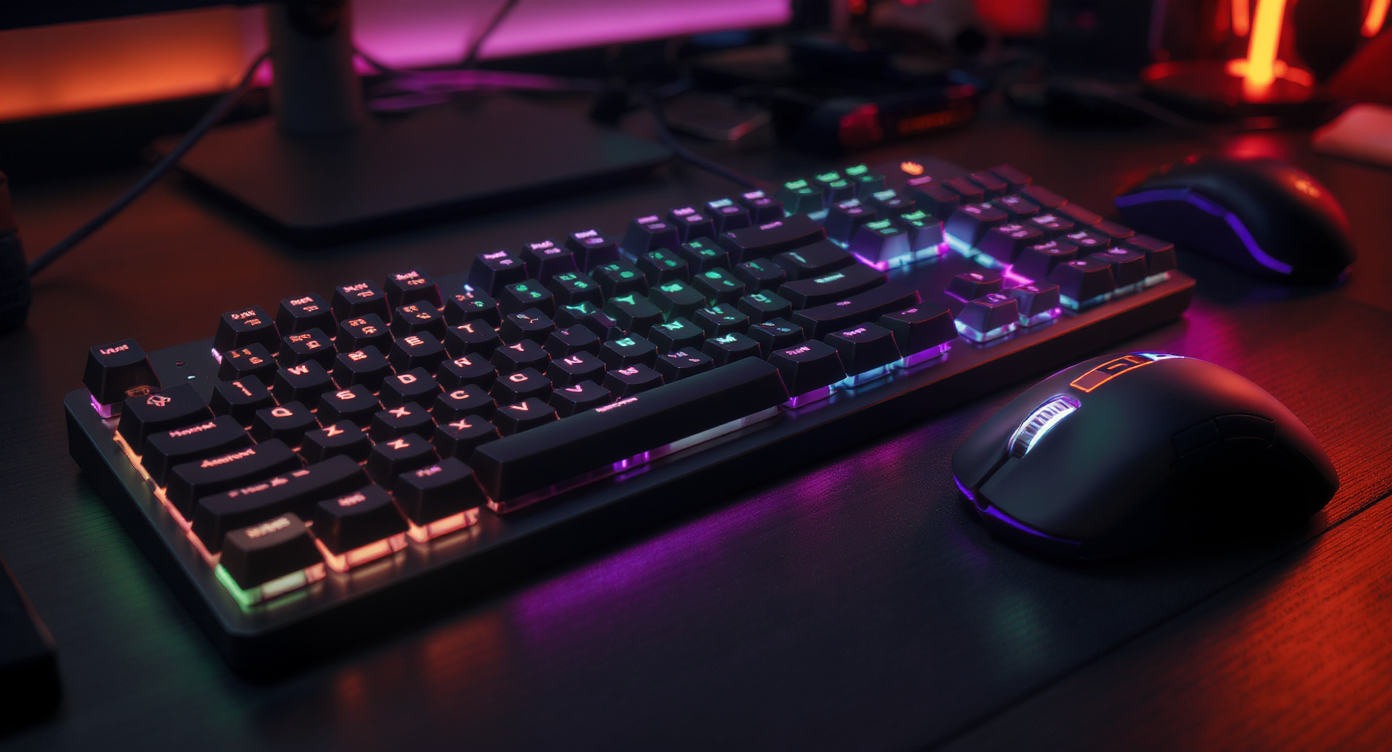 Teclado mecânico iluminado em tons de RGB vibrantes sobre mesa escura, acompanhado de mouse com luzes LED, criando uma atmosfera gamer futurista. Iluminação suave e foco detalhado destacam a textura das teclas, com composição equilibrada e ângulo lateral envolvente.