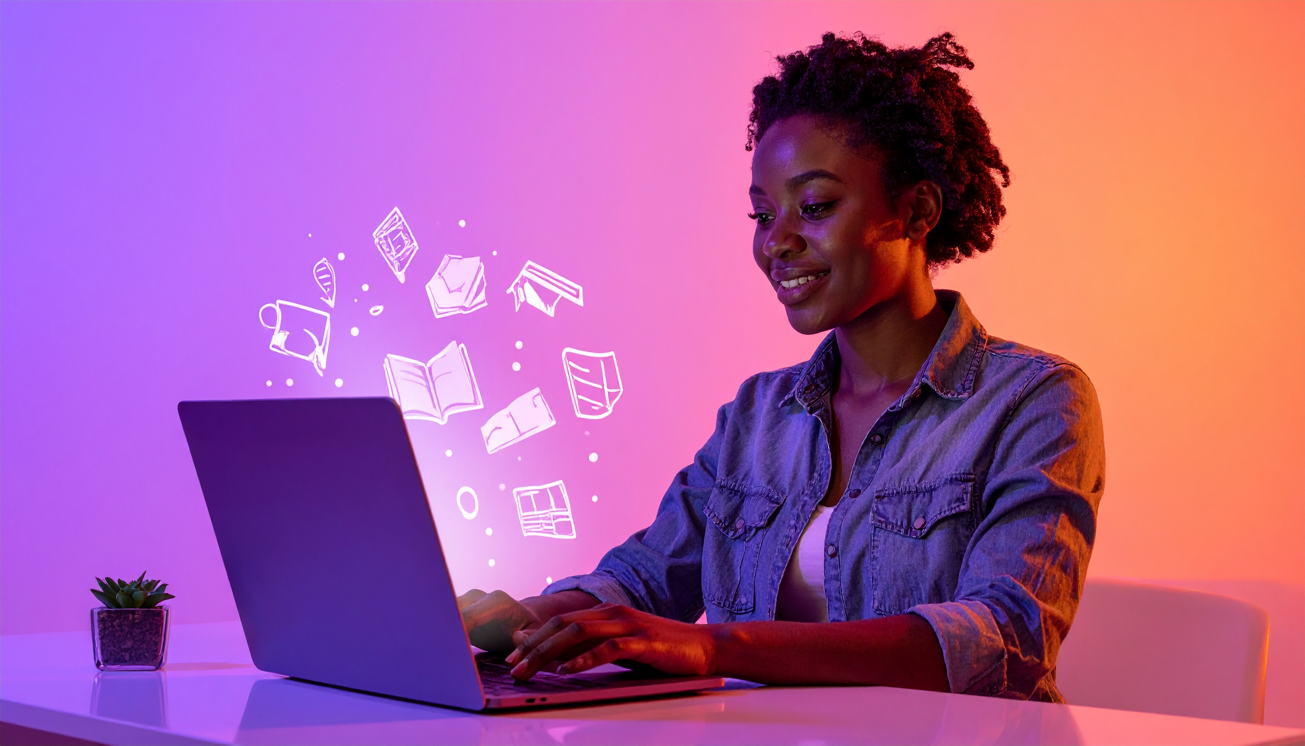 Jovem sorridente trabalha em laptop com fundo degradê vibrante. Ideal para ambientes de estudo ou trabalho remoto, a imagem evoca criatividade e foco. Livros e ícones digitais flutuam no ar, sugerindo um ambiente de aprendizagem digital. Perfeita para promover cursos online ou ferramentas de produtividade. O contraste de cores e a iluminação suave criam um ambiente moderno e acolhedor.