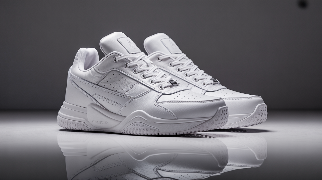 Par de tênis brancos com design moderno em um ambiente minimalista, refletidos sobre uma superfície brilhante. A iluminação suave destaca o couro texturizado e os detalhes dos cadarços. A composição simétrica e o foco nítido criam uma atmosfera elegante e contemporânea.