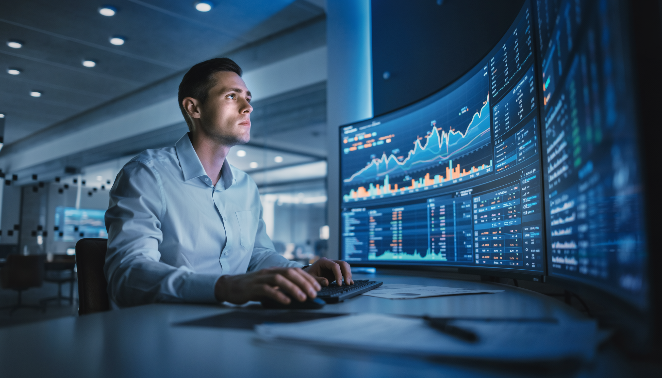 Focused Man in Front of Curved Monitors Displaying Financial Graphs