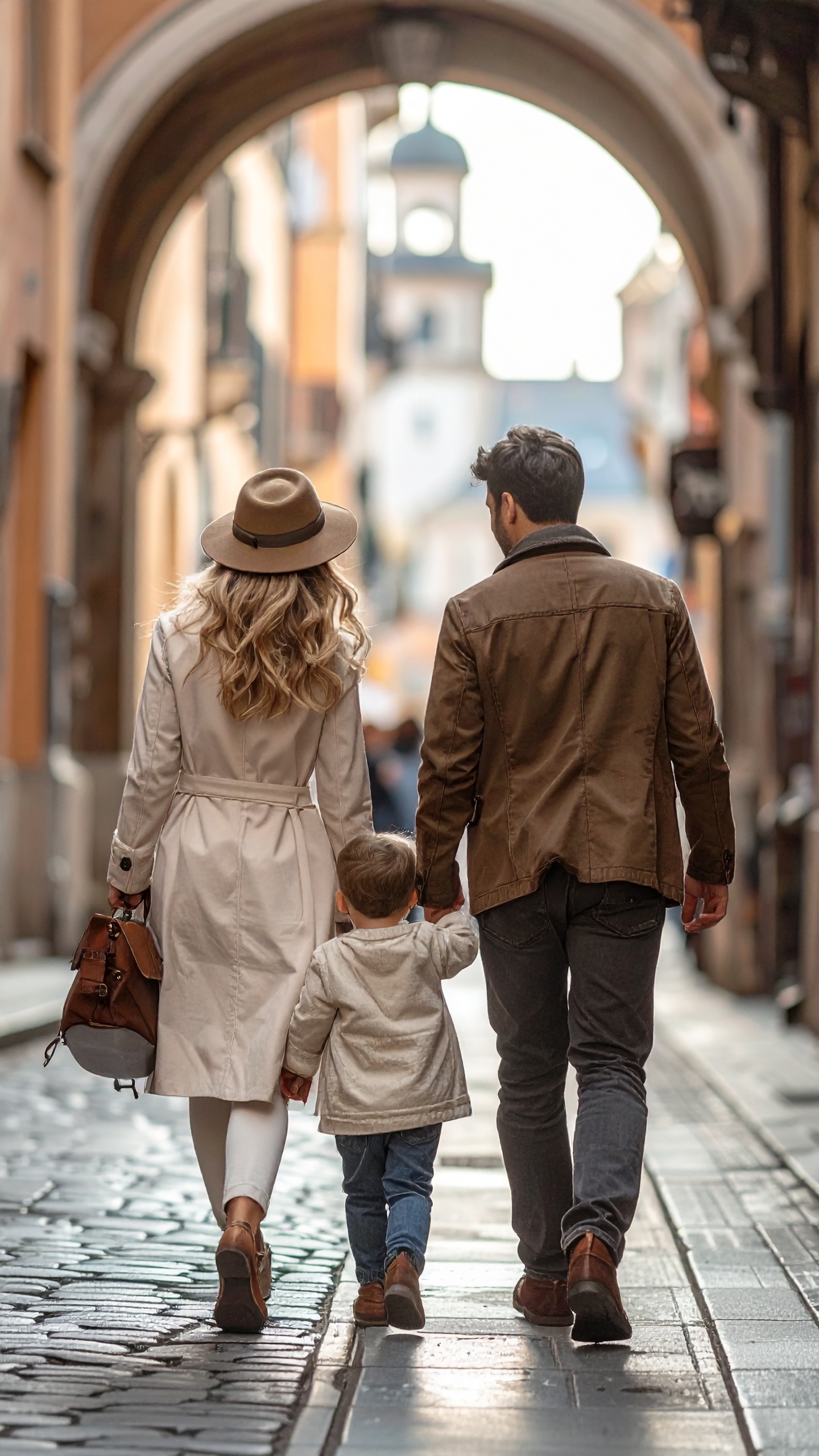 A family strolls down a charming cobblestone street, framed by a picturesque archway