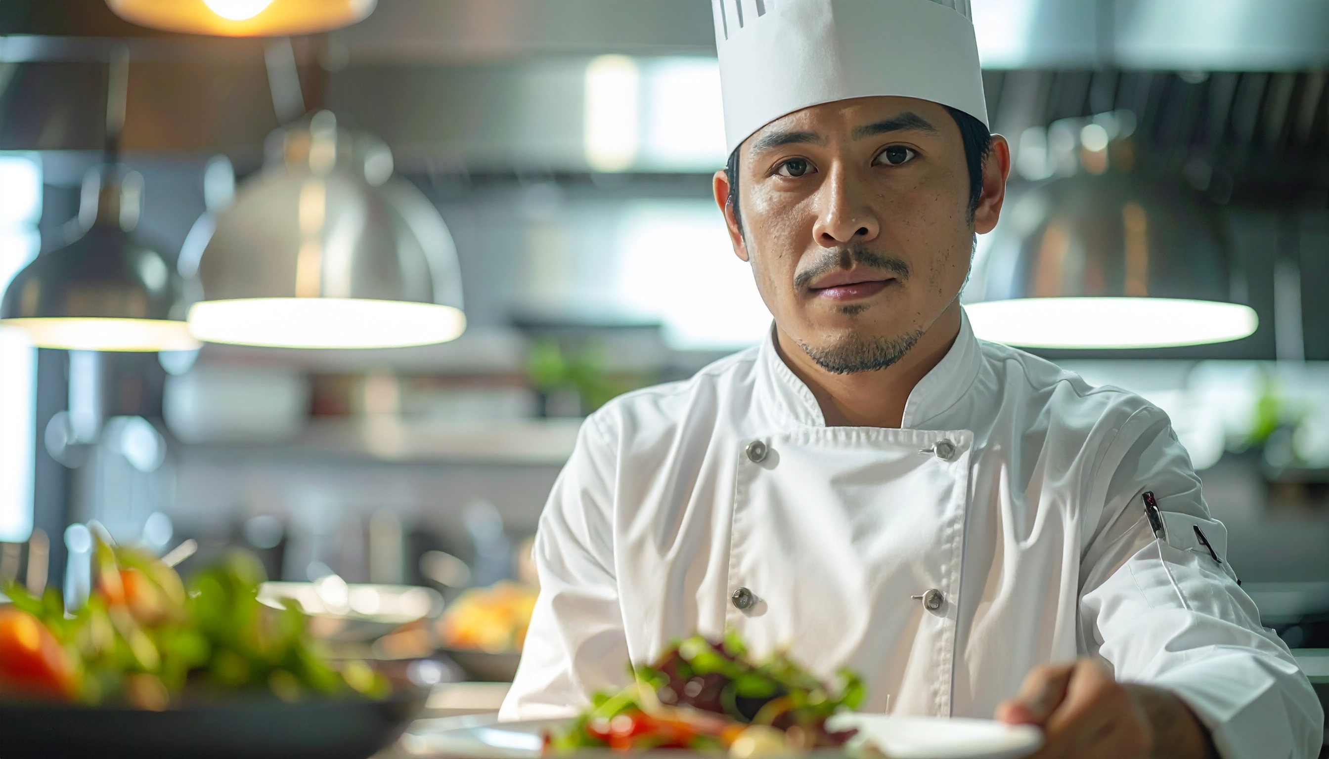 A professional chef in a white uniform is presenting a gourmet dish in a modern kitchen
