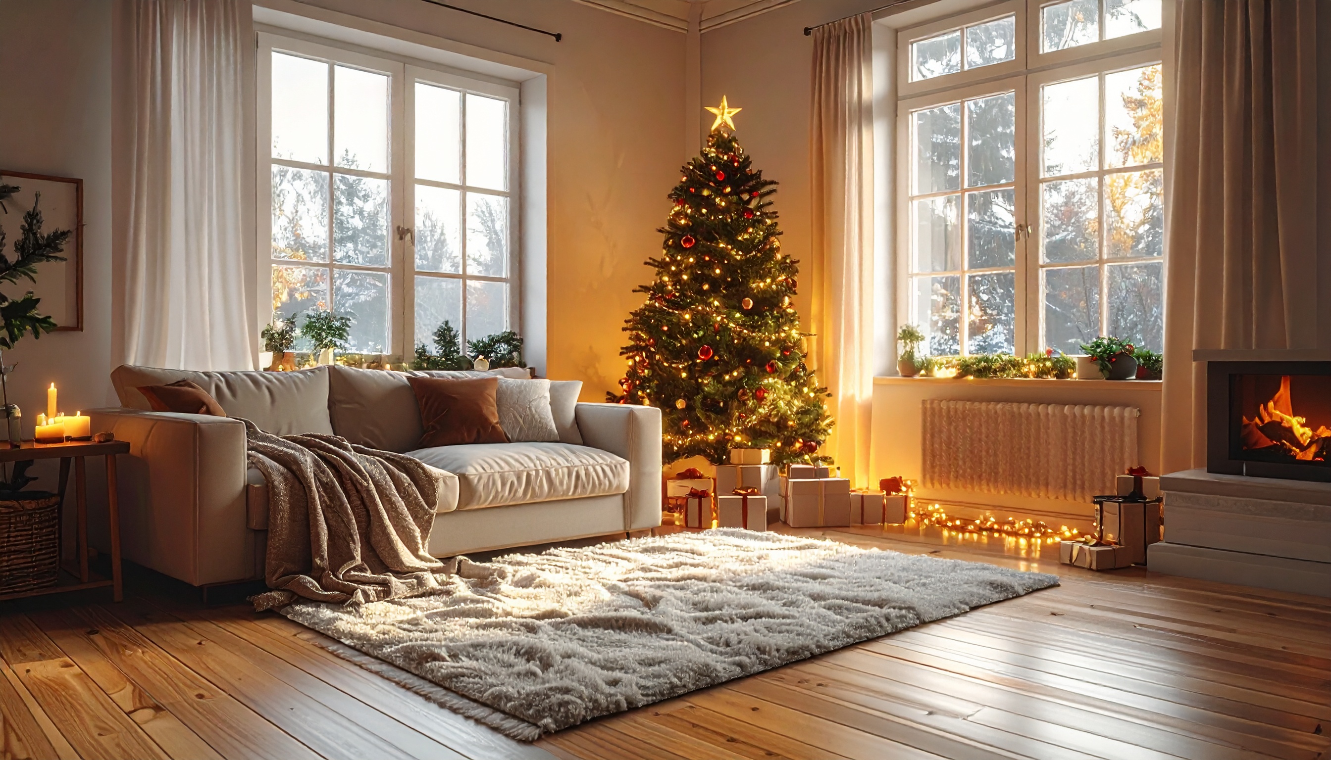 Elegant Christmas Living Room with Tree and Fireplace