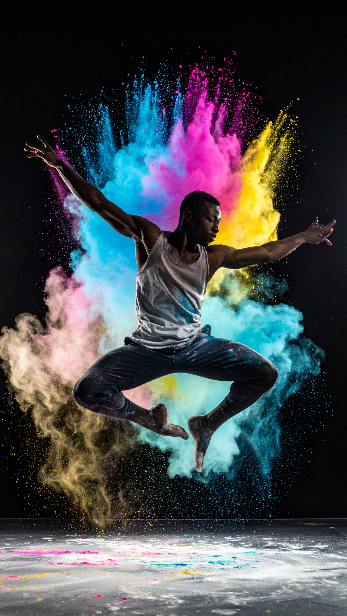 An energetic dancer jumps amidst a vibrant explosion of colored powders