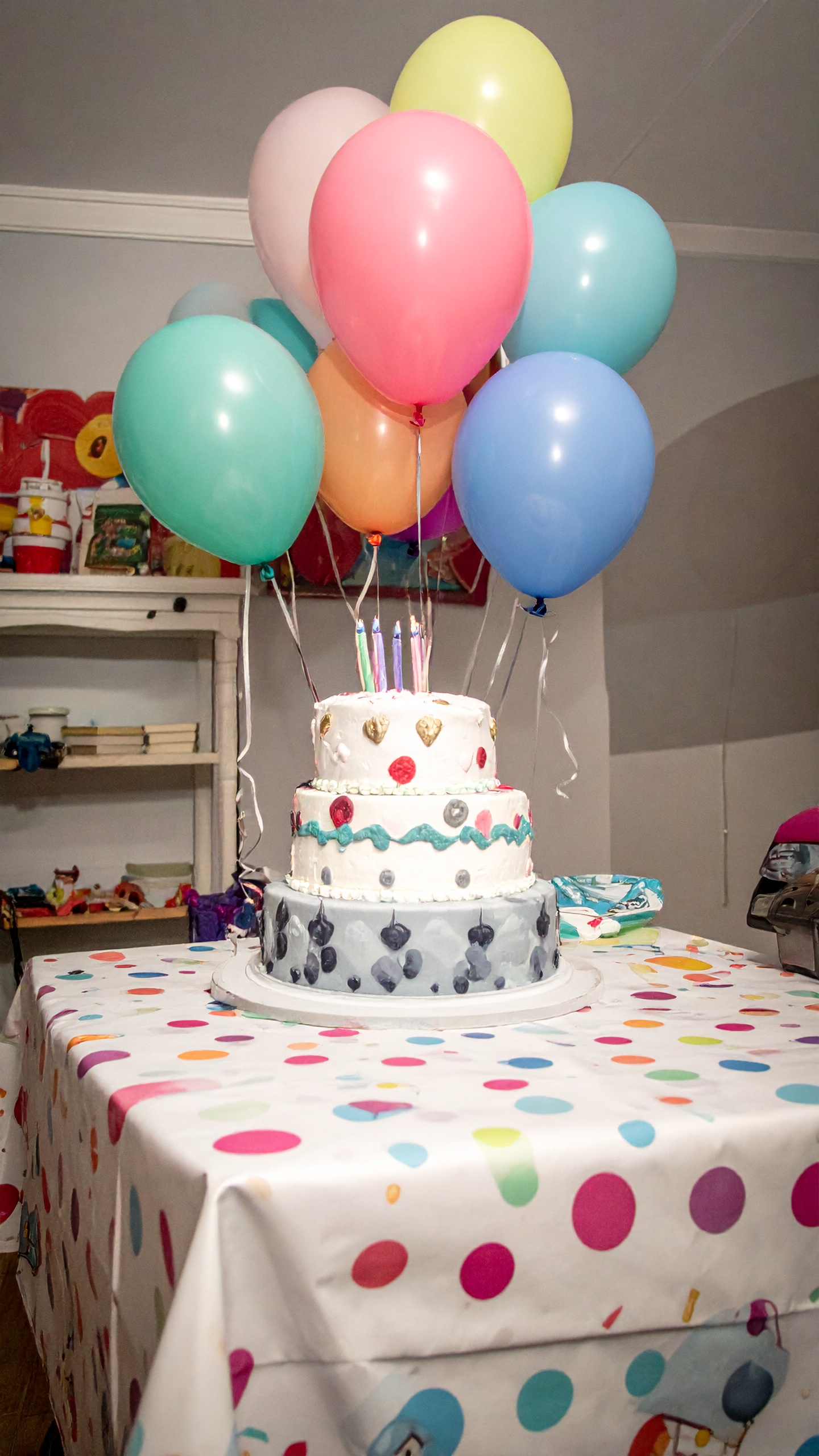 A colorful birthday cake adorned with vibrant balloons sits on a festively decorated table
