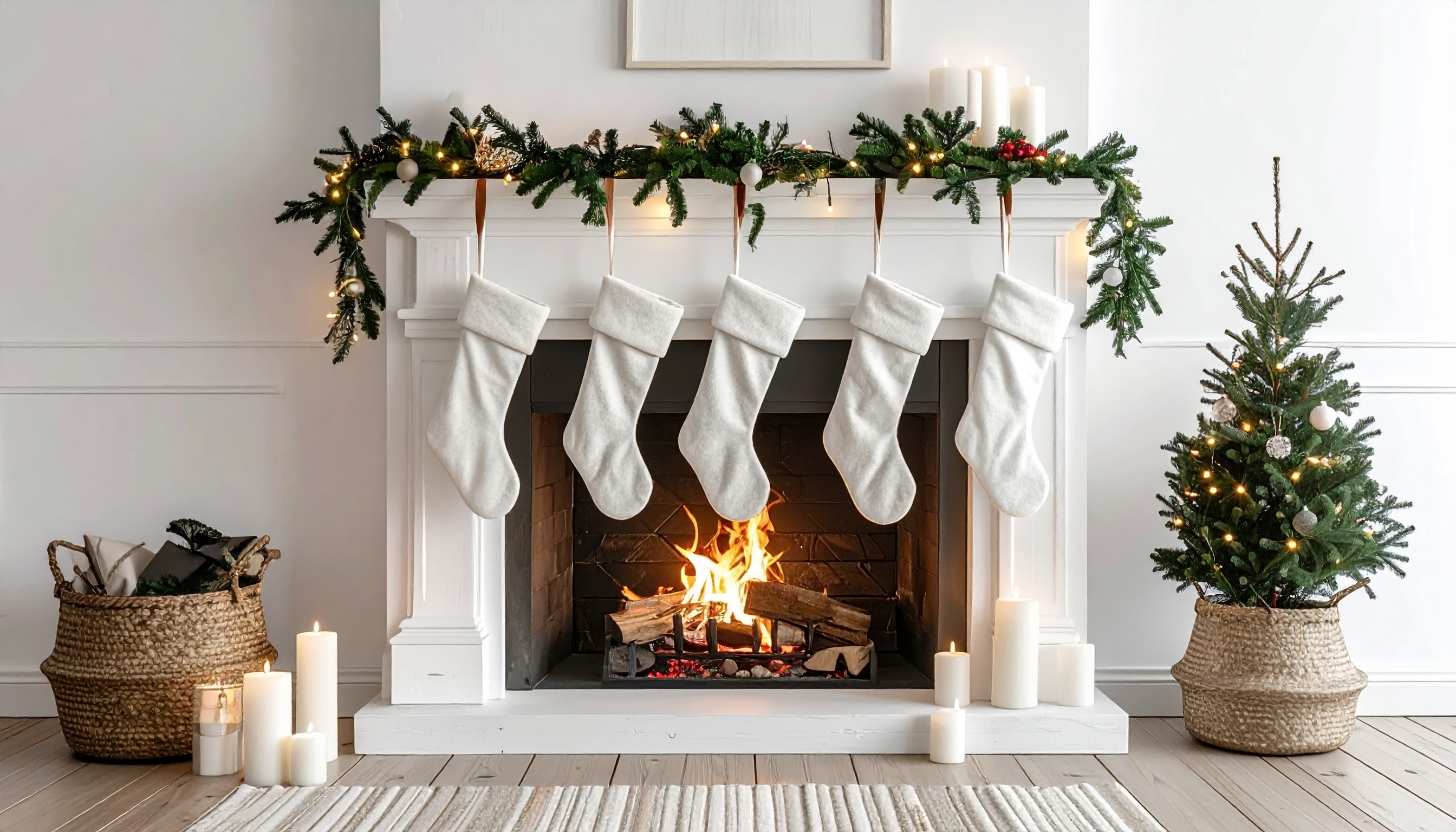 Cozy Christmas Living Room with Fireplace and Decor