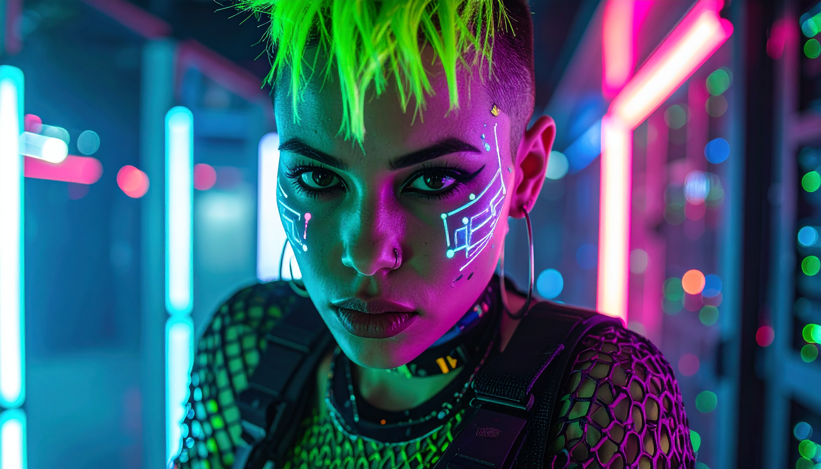 A person with neon green hair and futuristic makeup poses in a vibrant, neon-lit environment
