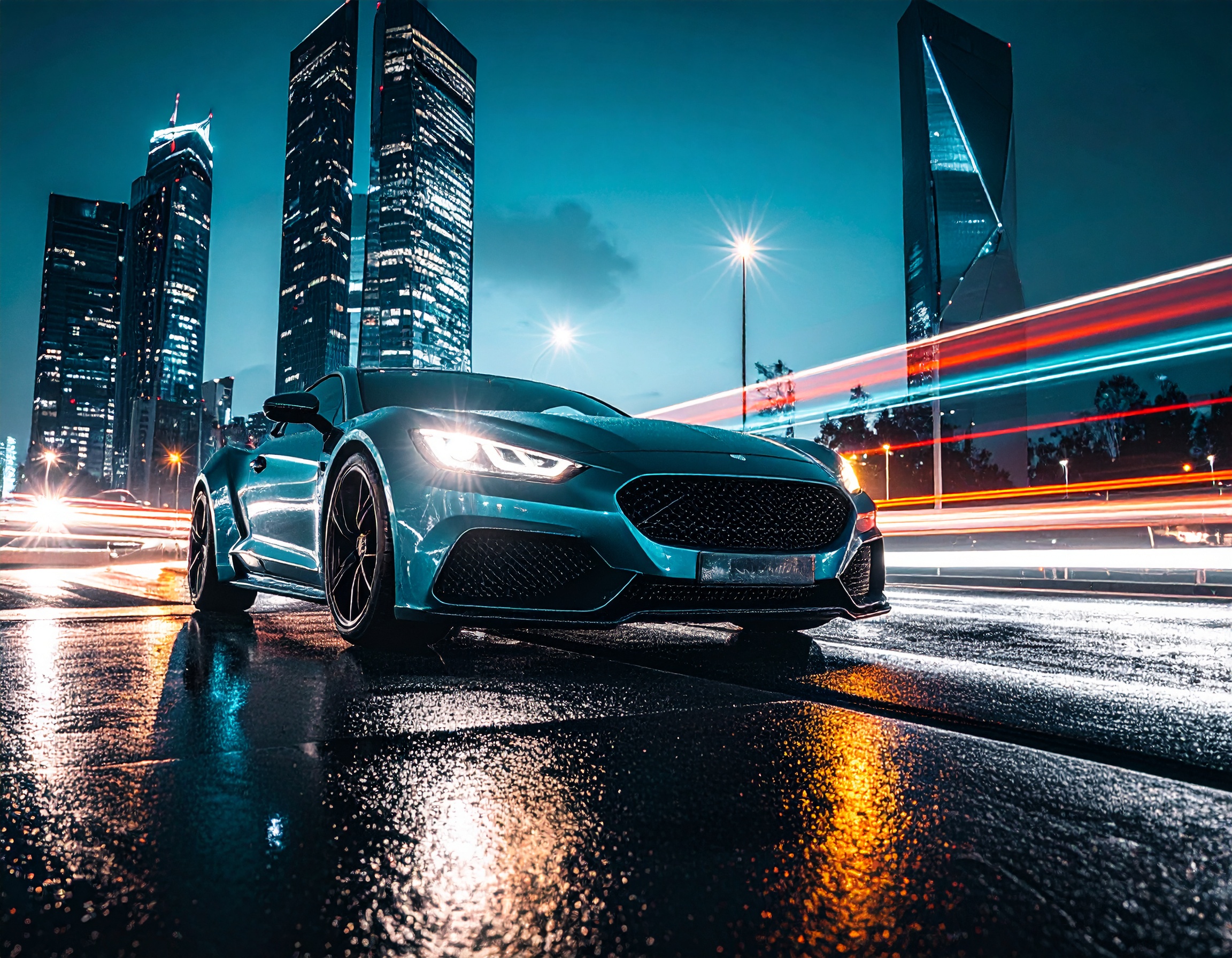 A sleek sports car gleams under city lights with skyscrapers in the background