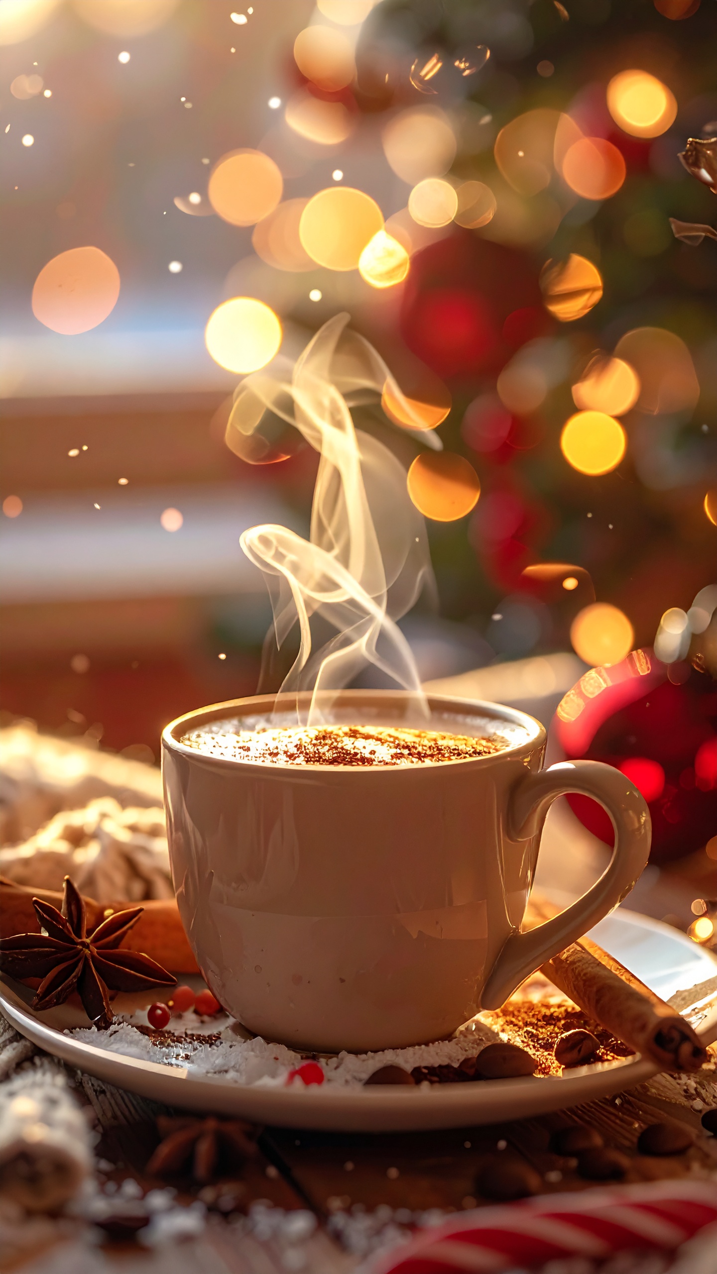 Uma xícara de cappuccino fumegante sobre uma mesa decorada com especiarias natalinas e luzes bokeh ao fundo, transmitindo calor e aconchego festivo.