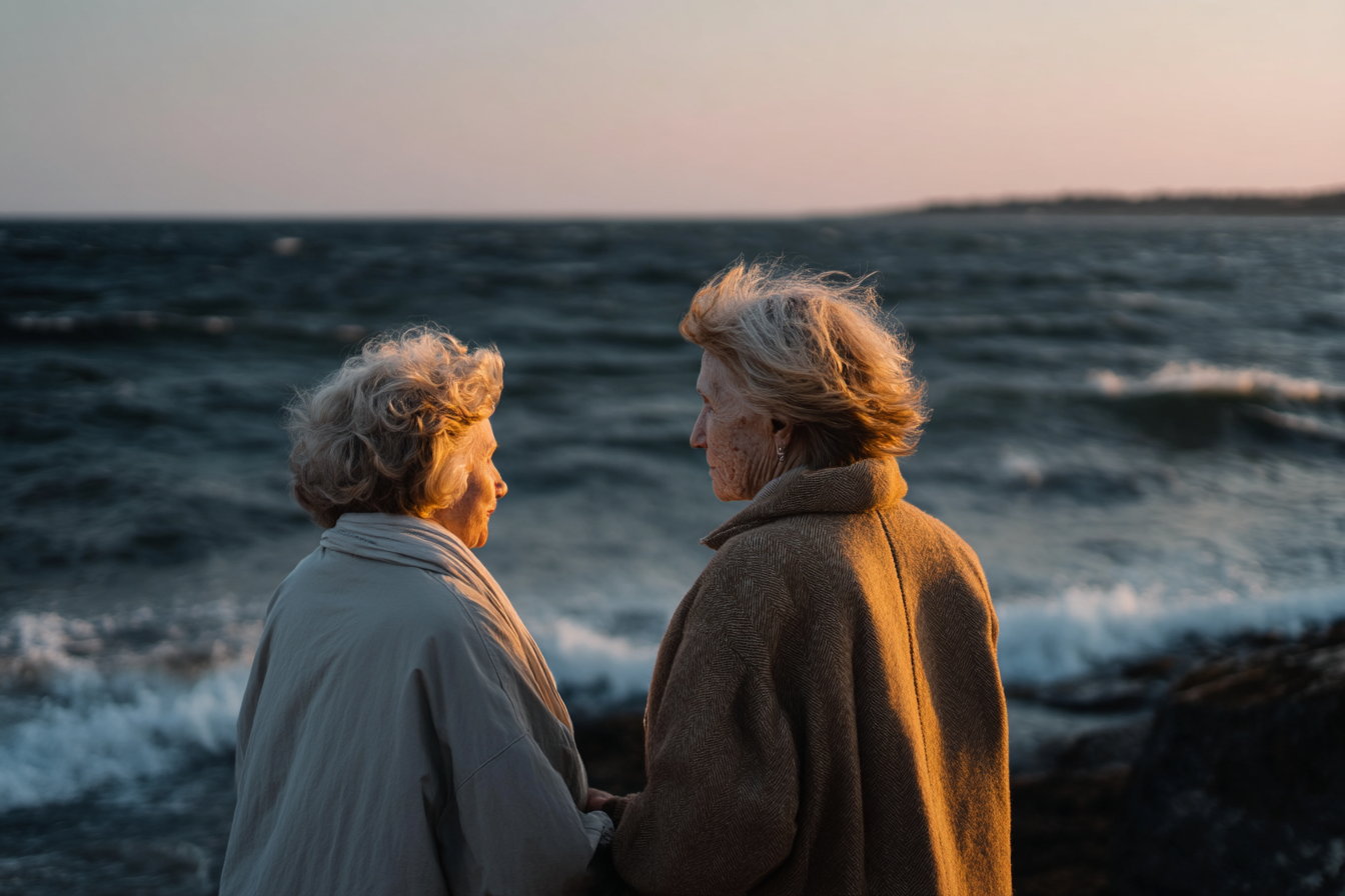 Duas mulheres idosas contemplando o mar durante o pôr do sol, vestindo casacos quentes e olhando uma para a outra, simbolizando amizade e conexão emocional na natureza.
