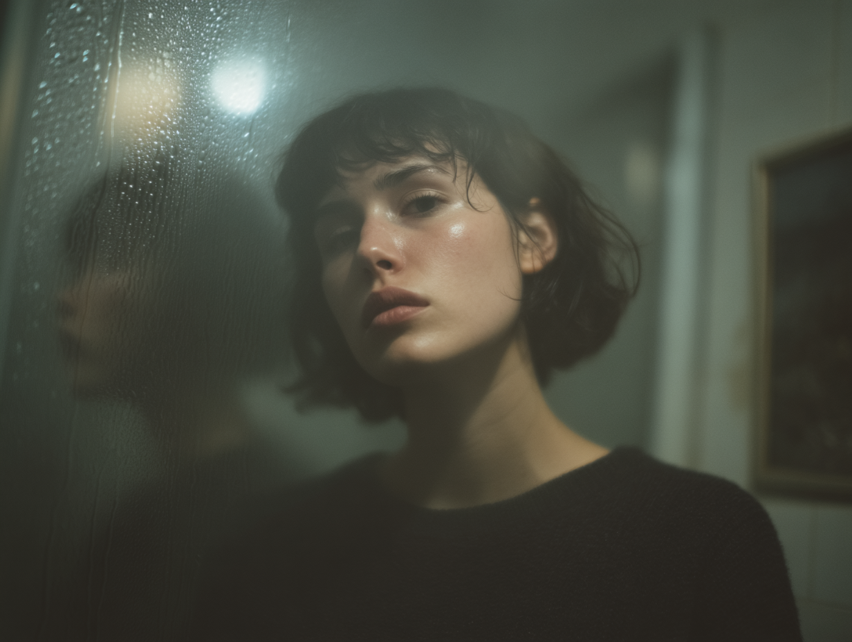 A imagem apresenta uma jovem mulher em um ambiente possivelmente de banheiro, com vapor de água criando uma atmosfera suave e intimista. O fundo é levemente desfocado, enquanto a mulher é o ponto focal, com um olhar contemplativo. Os efeitos de condensação na superfície do vidro adicionam uma camada de textura ao visual.