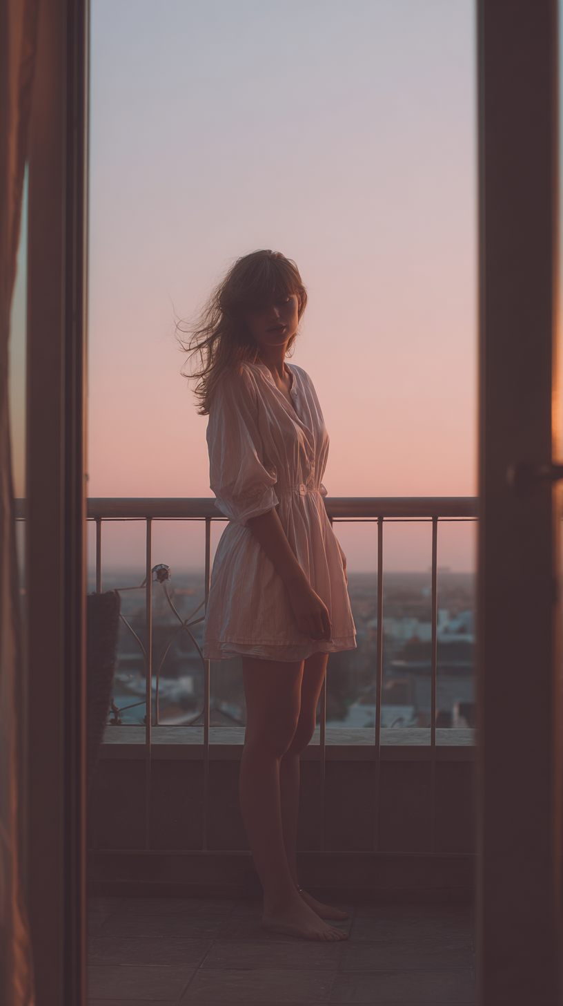 Uma jovem mulher em um vestido claro está de pé em uma varanda ao pôr do sol, com cabelos soltos ao vento, criando uma atmosfera tranquila e reflexiva. O céu apresenta tons suaves de rosa e laranja, enquanto a cidade fica ao fundo.