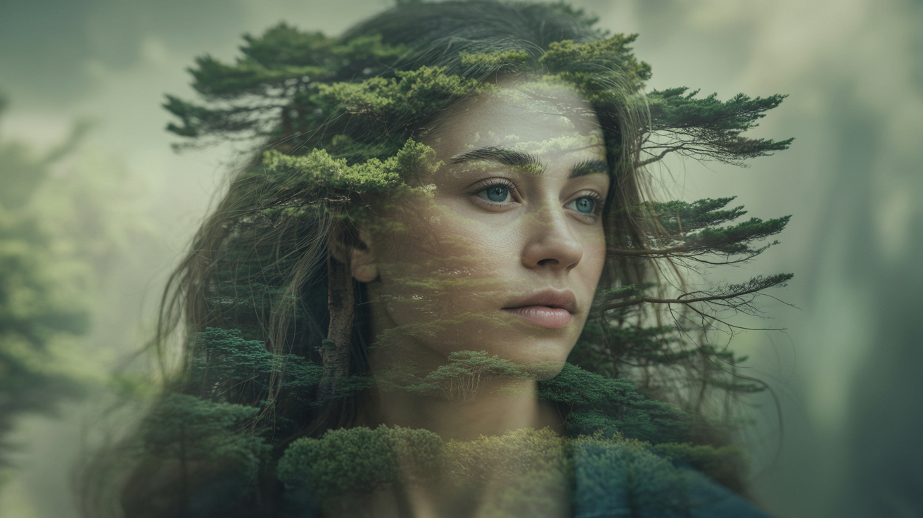 A woman's face is beautifully blended with lush green trees, creating a surreal visual