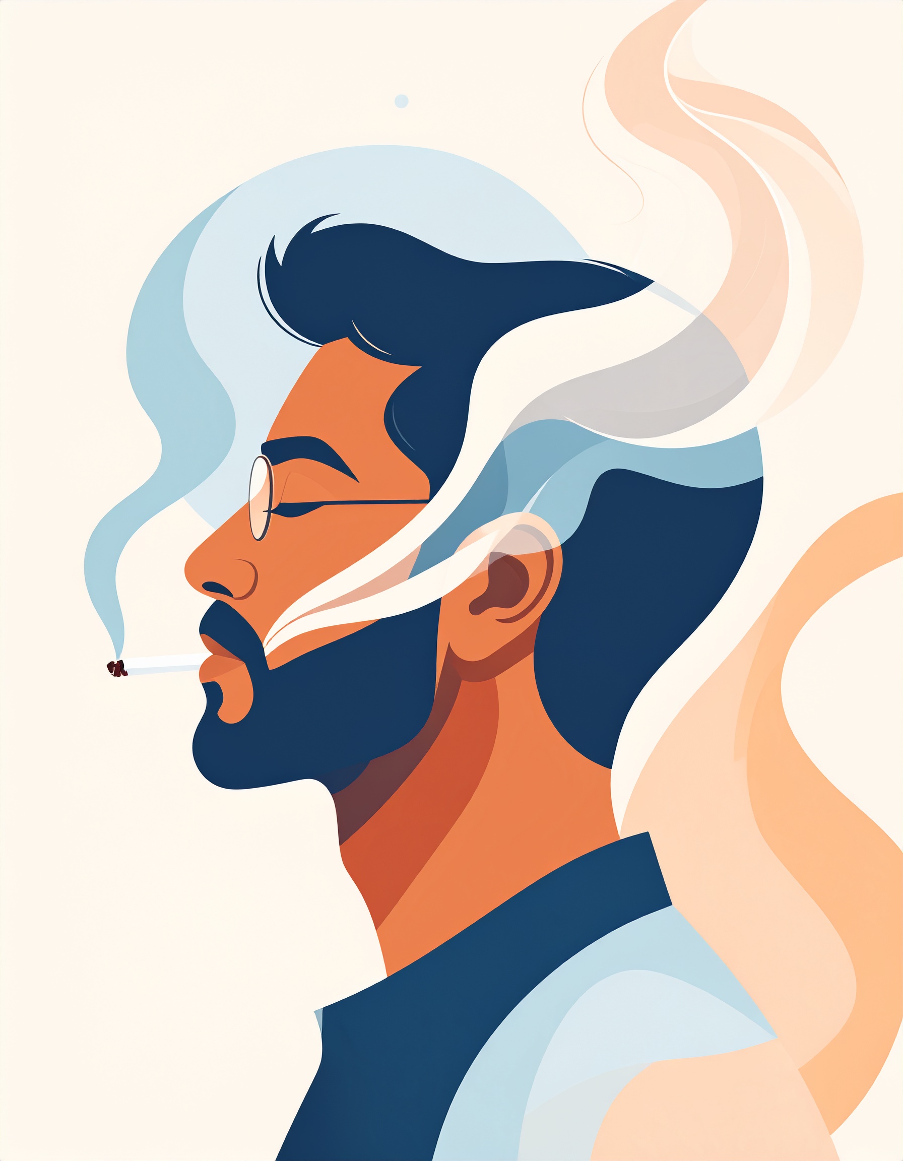 Stylized illustration of a man with a cigarette and swirling smoke