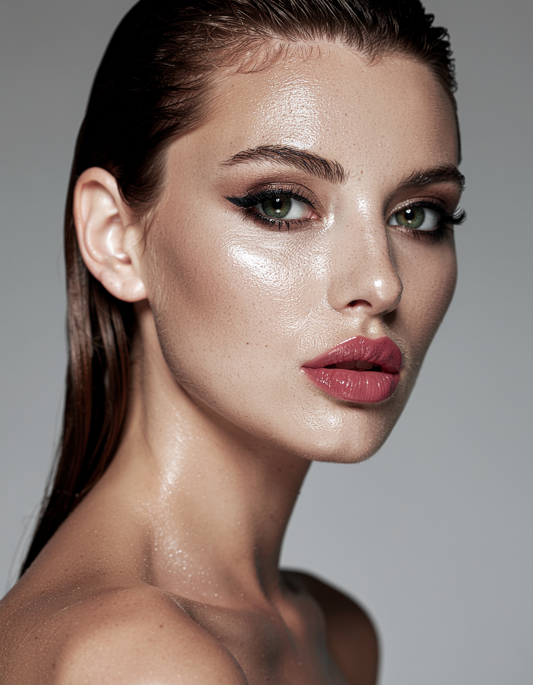 A young woman with flawless makeup showcases radiant skin and bold lips