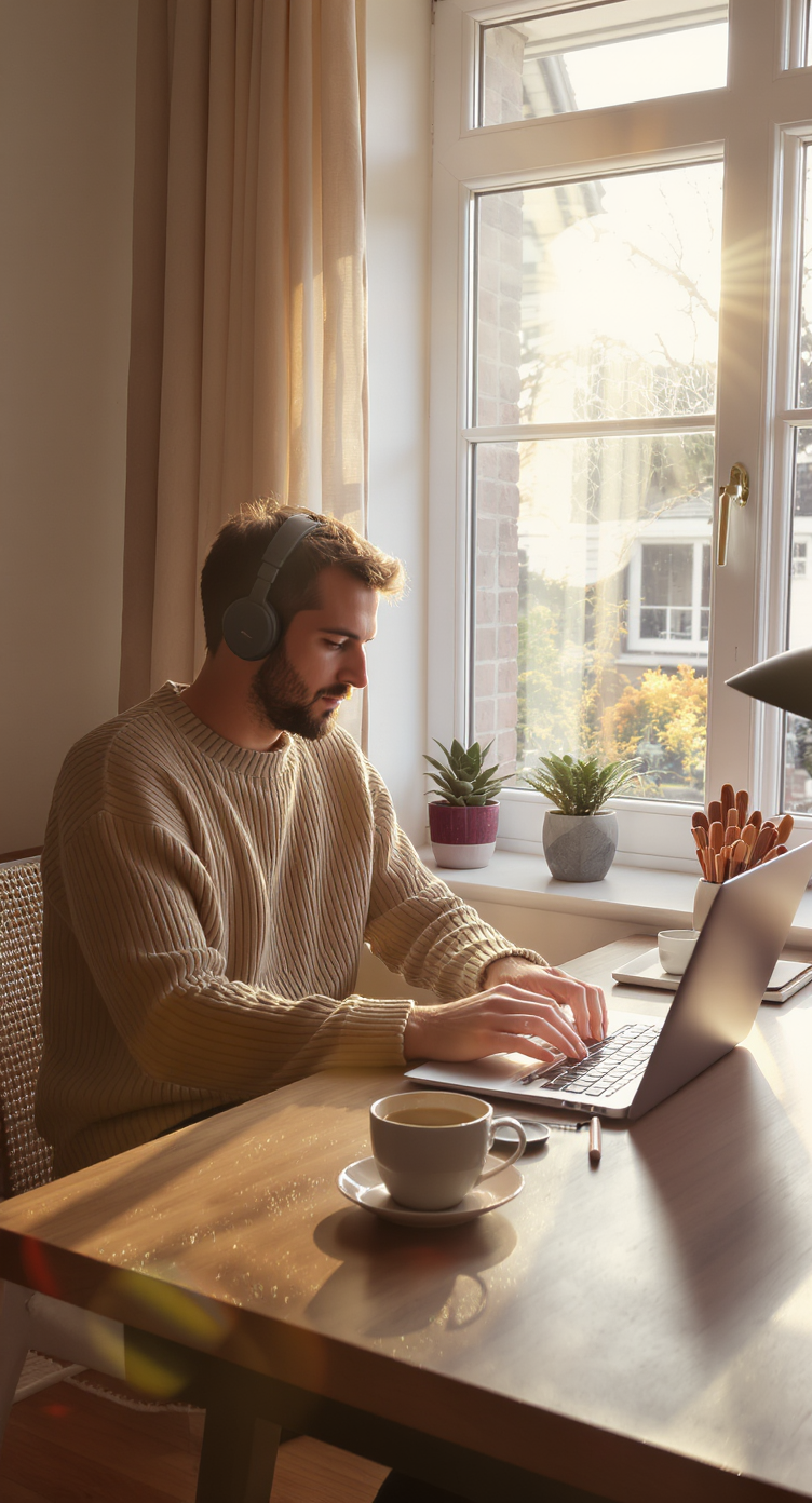 A man works on a laptop at a sunlit desk near a window