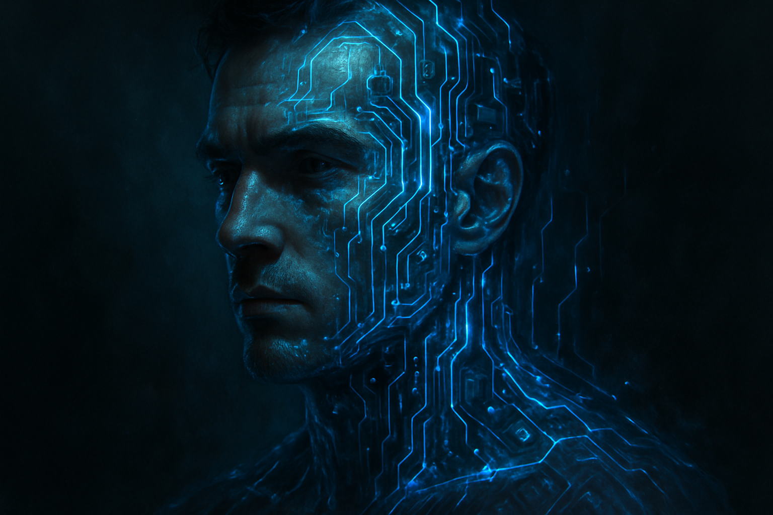 Cybernetic Man Portrait with Blue Circuits