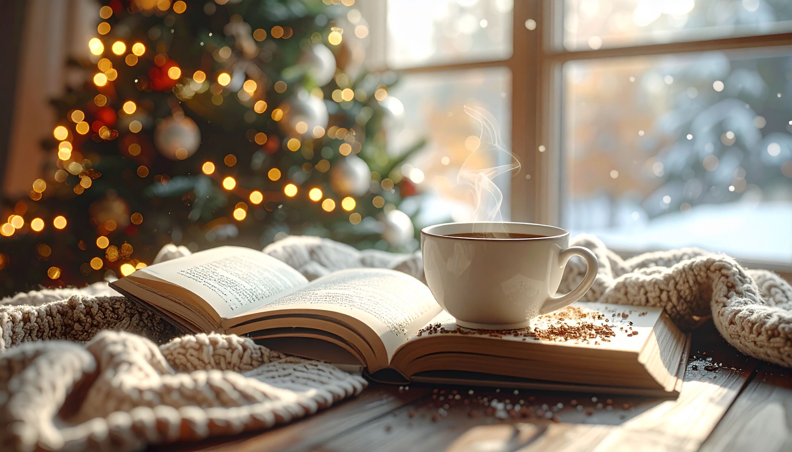 Uma xícara de café quente sobre um livro aberto em um ambiente acolhedor com uma árvore de Natal iluminada ao fundo. A luz suave da manhã entra pela janela, criando um ambiente de tranquilidade e conforto. A composição tem foco seletivo, destacando o vapor da bebida e o brilho das luzes natalinas desfocado ao fundo.