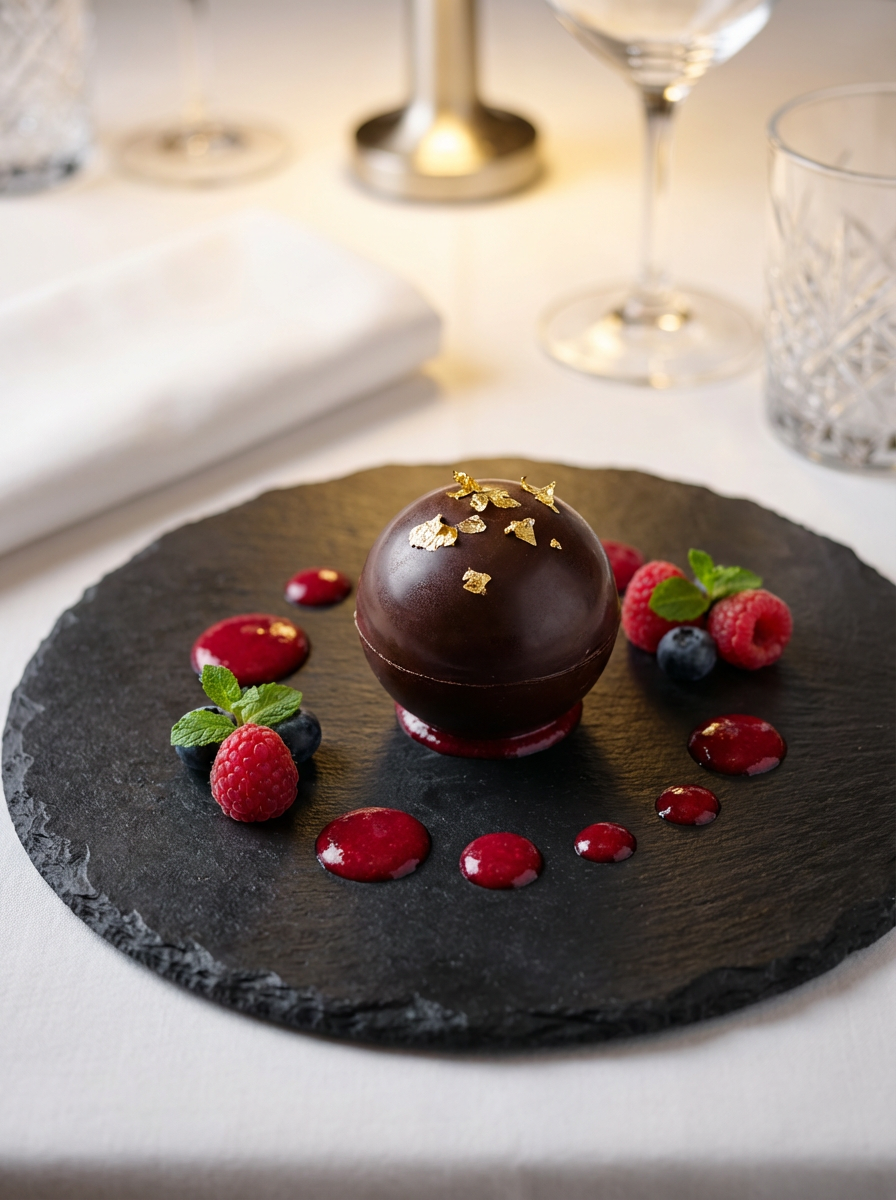 Decadent chocolate dessert sphere adorned with gold flakes sits elegantly on a slate plate
