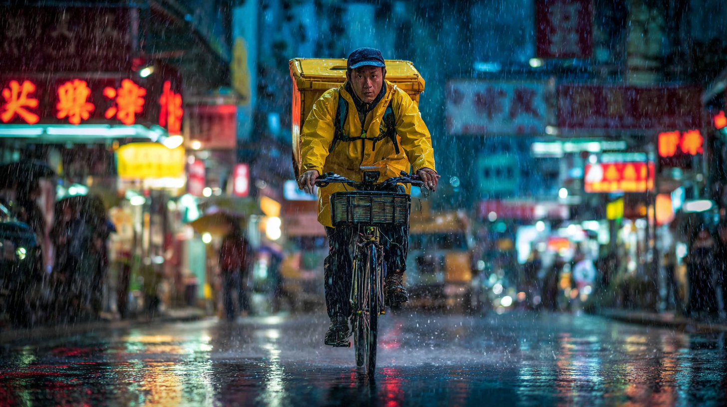 A cena retrata um ciclista em um ambiente urbano chuvoso. O ciclista está vestido com uma capa de chuva amarela vibrante, contrastando com o fundo mais escuro. As luzes da cidade refletem nas poças de água, criando um efeito visual interessante. A chuva cai em cascata, adicionando textura à cena e criando um clima dinâmico.