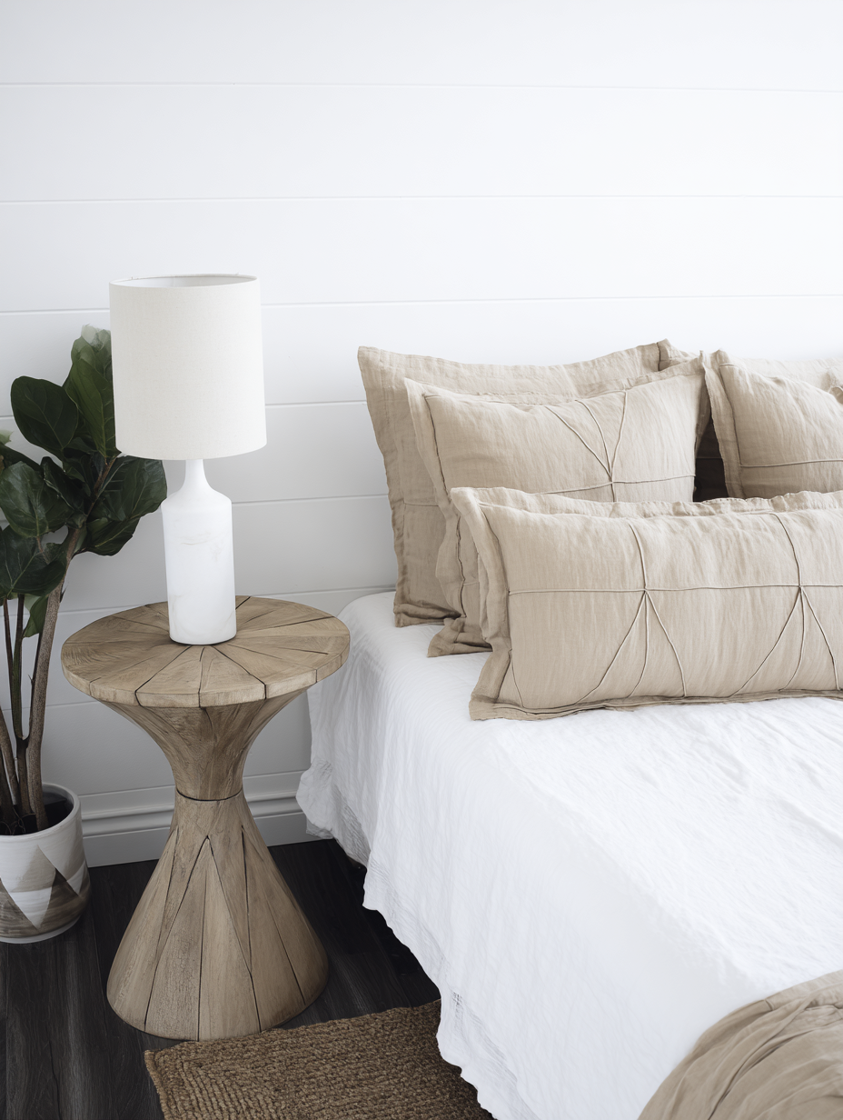 Quarto minimalista com paleta neutra em tons de bege e branco, cama com almofadas de linho, mesa de madeira ao lado, iluminação suave e planta decorativa.