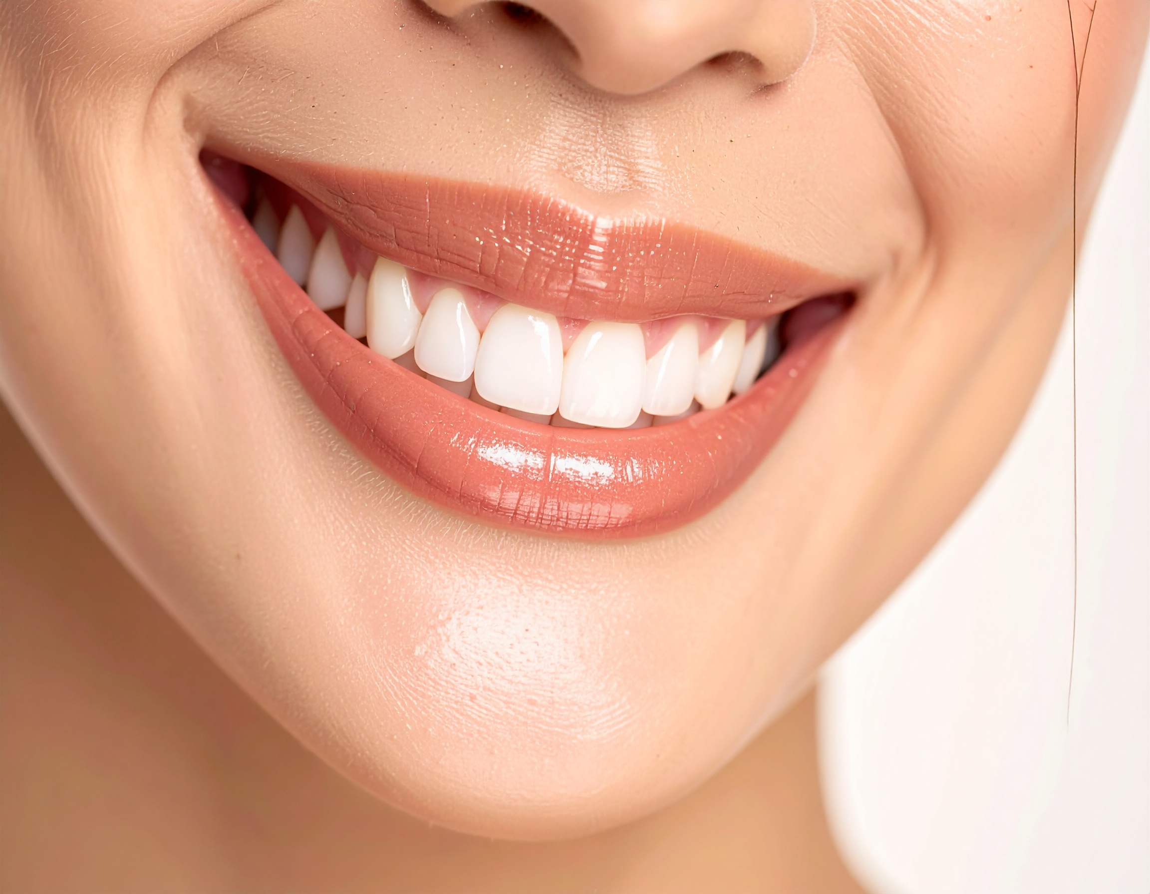 A bright and healthy smile with glossy lips is shown in close-up